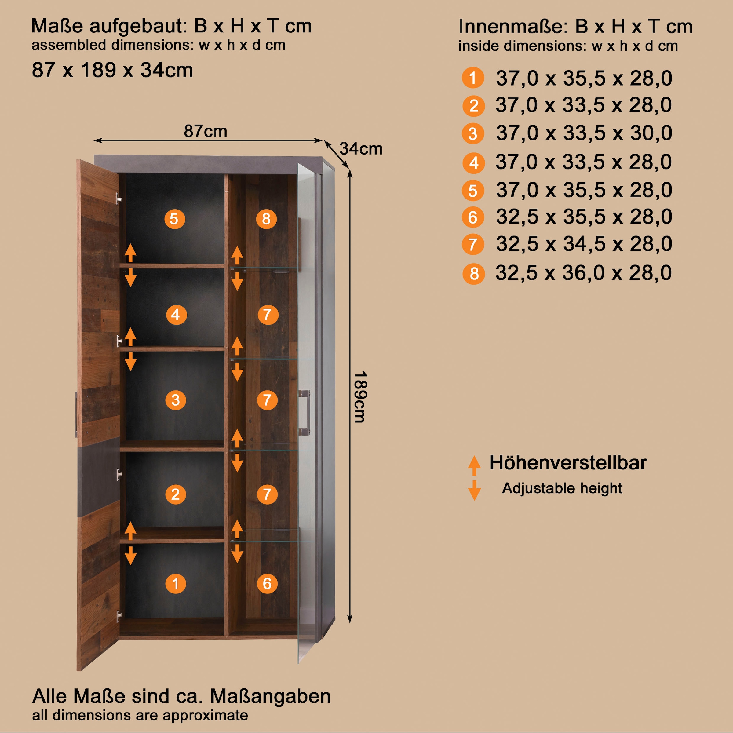 INOSIGN Vitrine »Ilana« moderner Industrial Style - Beleuchtung optional - B/T/H 87/34/189 cm