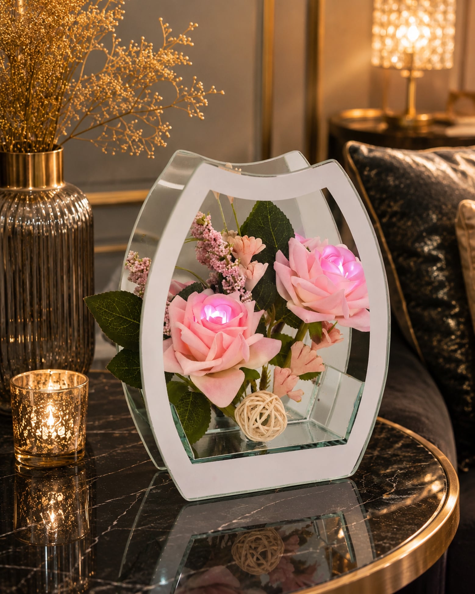 OTTO home Kunstblume »Rose mit LED-Beleuchtung im Glas« im 2er Set 11x15cm oder einzeln 15x18cm, in weiß oder rose/pink