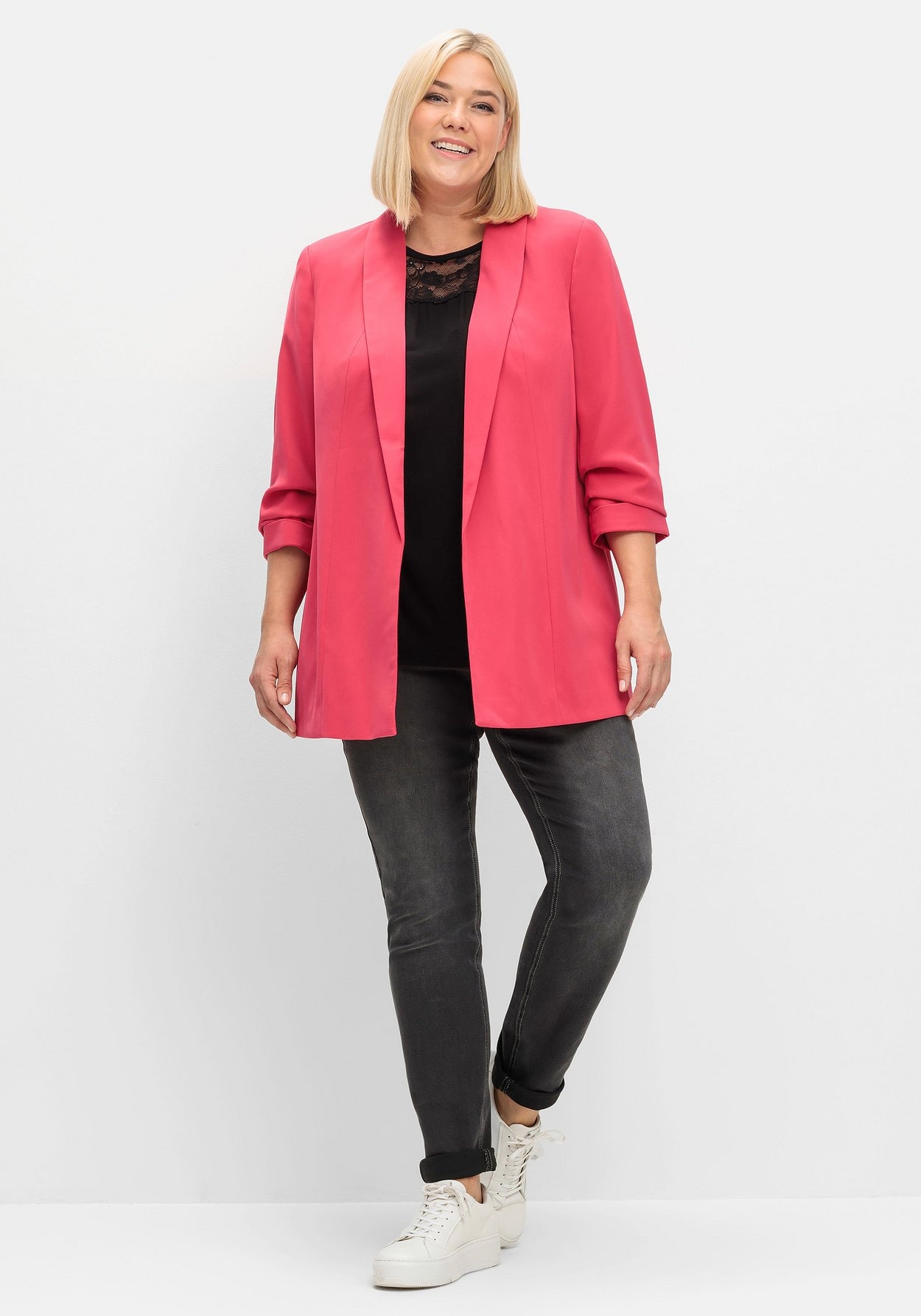 Sheego Longblazer »Blazer mit Schalkragen und gerafftem 3/4-Arm«, mit Schalkragen und gerafftem 3/4-Arm