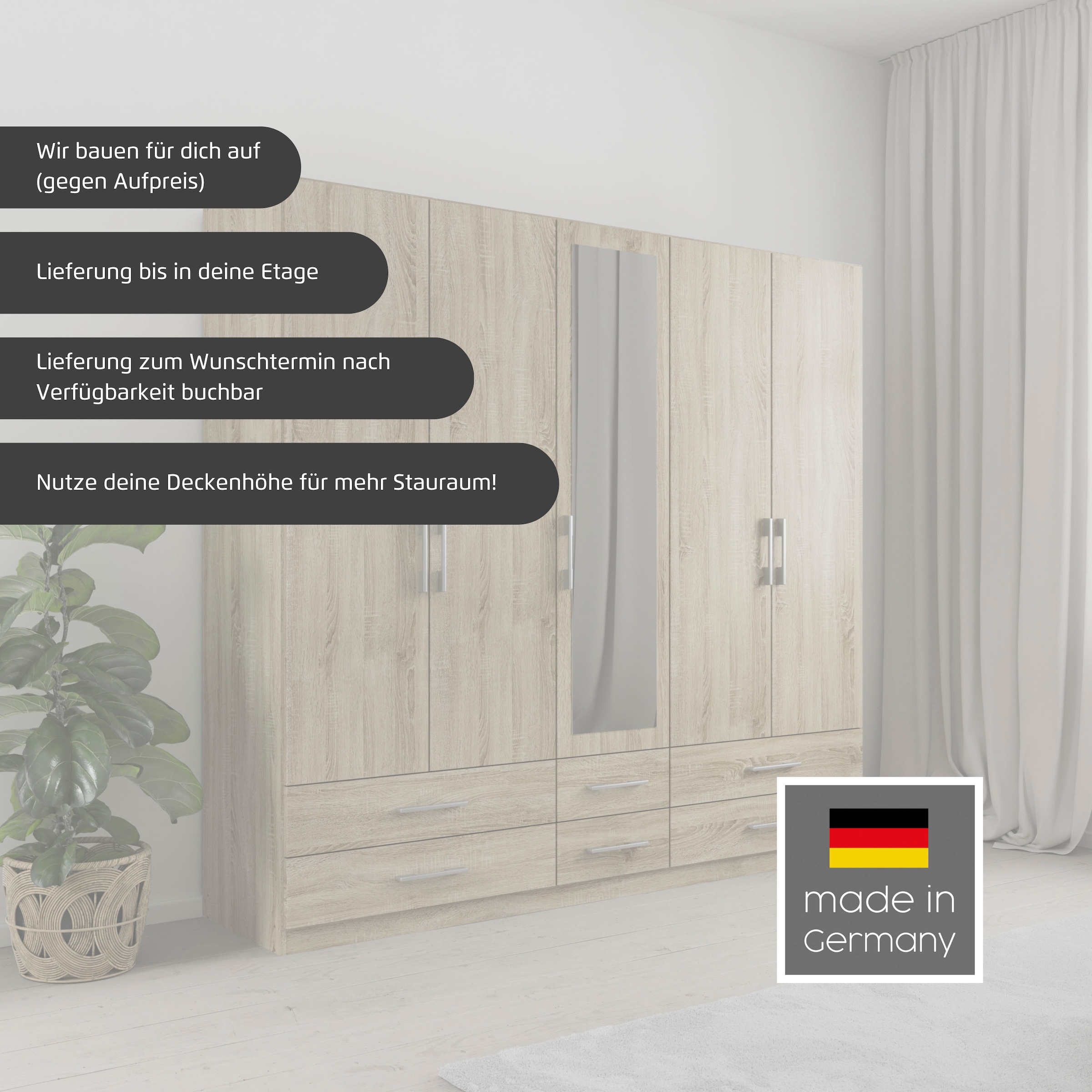 rauch Kleiderschrank »Schrank Garderobe Wäscheschrank HERSBRUCK in 2 Breiten« Breiten: 226 oder 271 cm, Höhe 210 cm,  mit 6 großzügigen Schubladen sowie Spiegeltüren MADE IN GERMANY