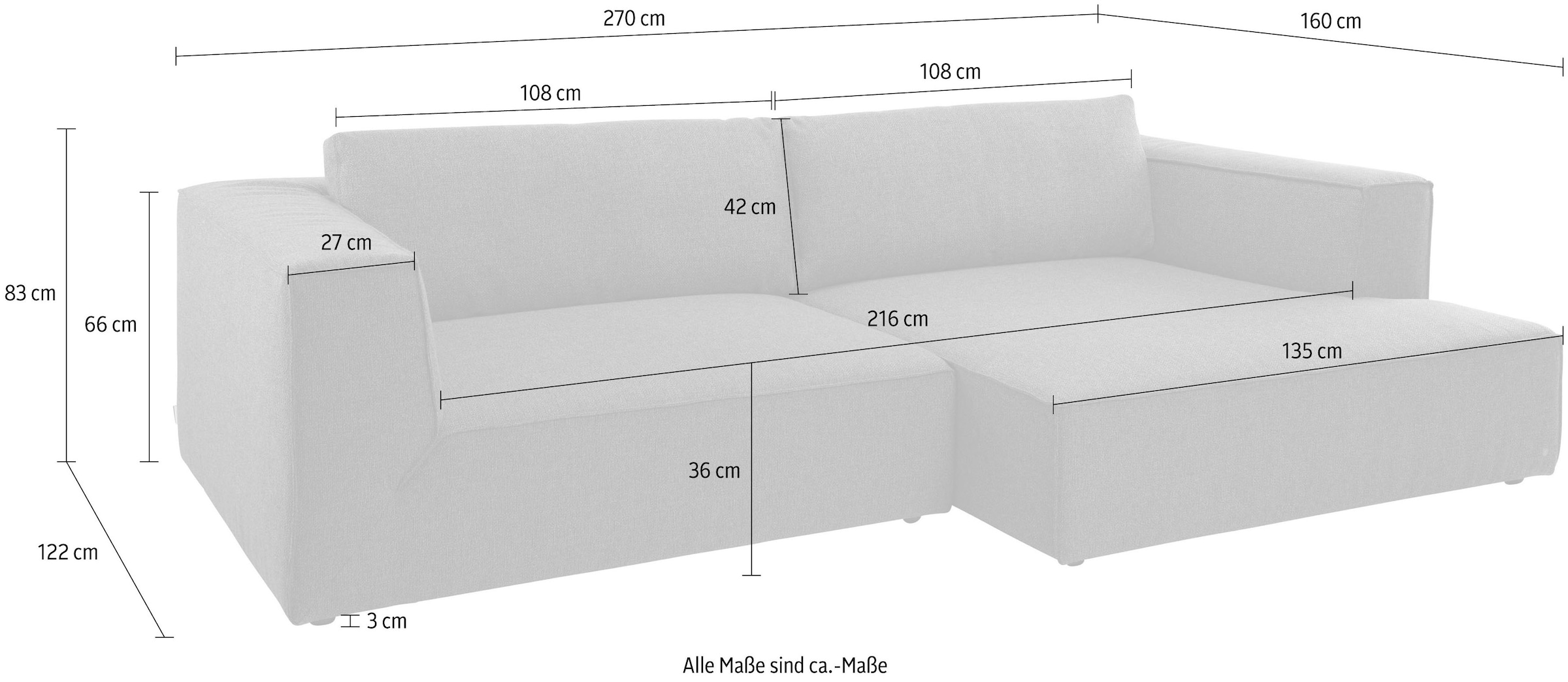 mit Sitztiefe, Style«, Cube auf Ecksofa HOME bestellen cleanen Stegkissen, TAILOR St.), 270cm (2 große »Big TOM extra Breite Rechnung