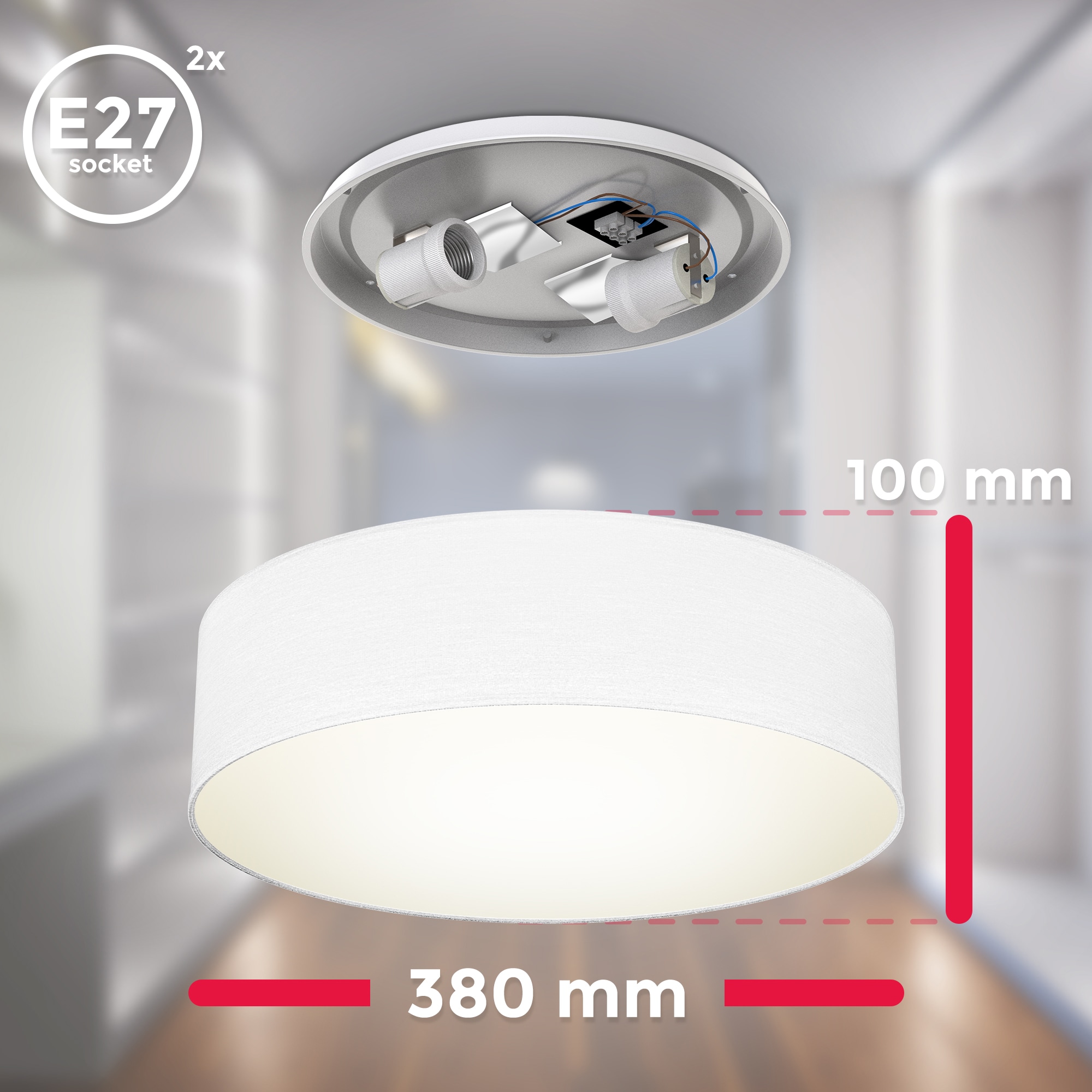 B.K.Licht LED Deckenleuchte, 2 flammig, Leuchtmittel E27 | ohne Leuchtmittel, Deckenlampe, Textil Lampenschirm, Wohnzimmerlampe, Schlafzimmer, E27
