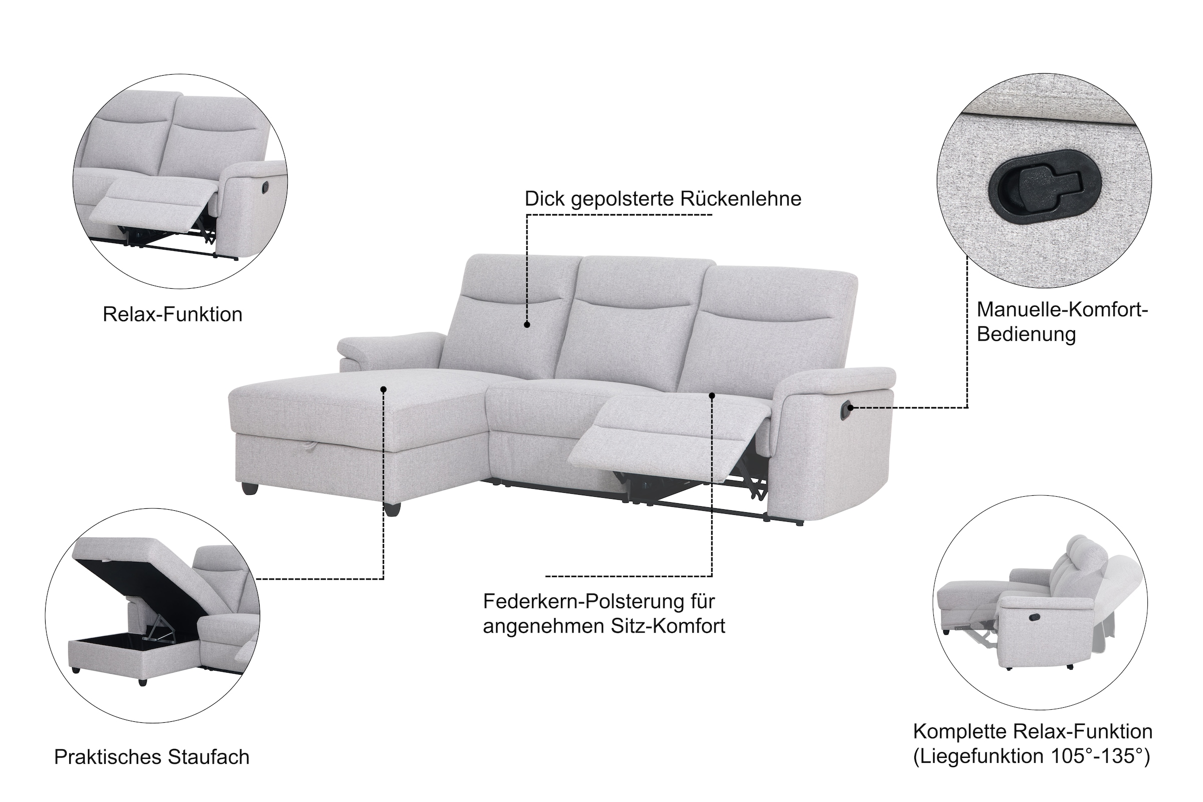 Home affaire Ecksofa »BRIONNE, L-Form, 255cm, manuelle u. elektrische Funktion (USB A/C),« Liegefunktion, Stauraum, Federkernpolsterung, Webstoff