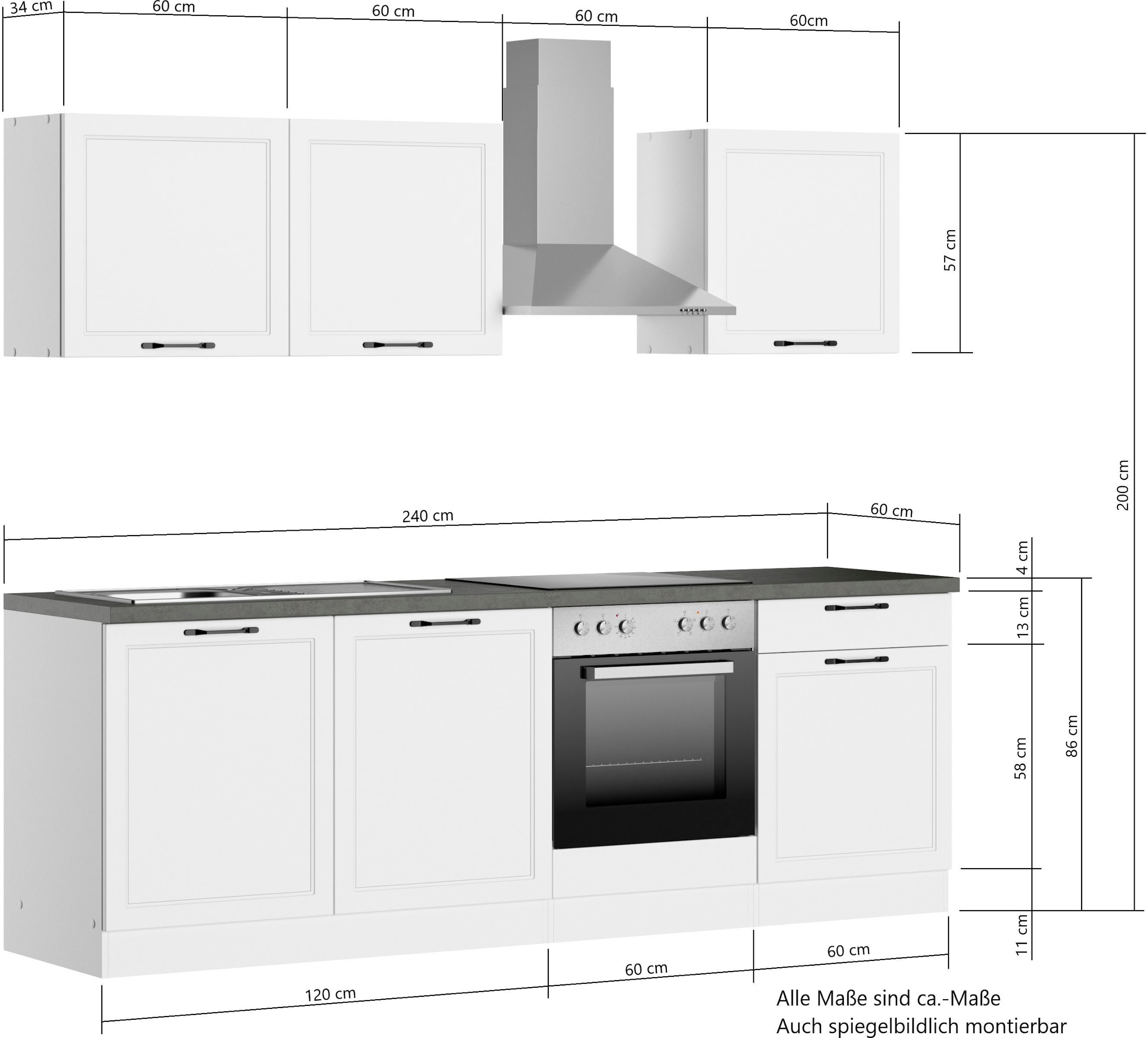 KOCHSTATION Küchenzeile »KS-Lani, mit MDF-Fronten« Breite 240 cm, wahlweise mit E-Geräten, Höhen-Ausgleichsfüße 0-4 cm