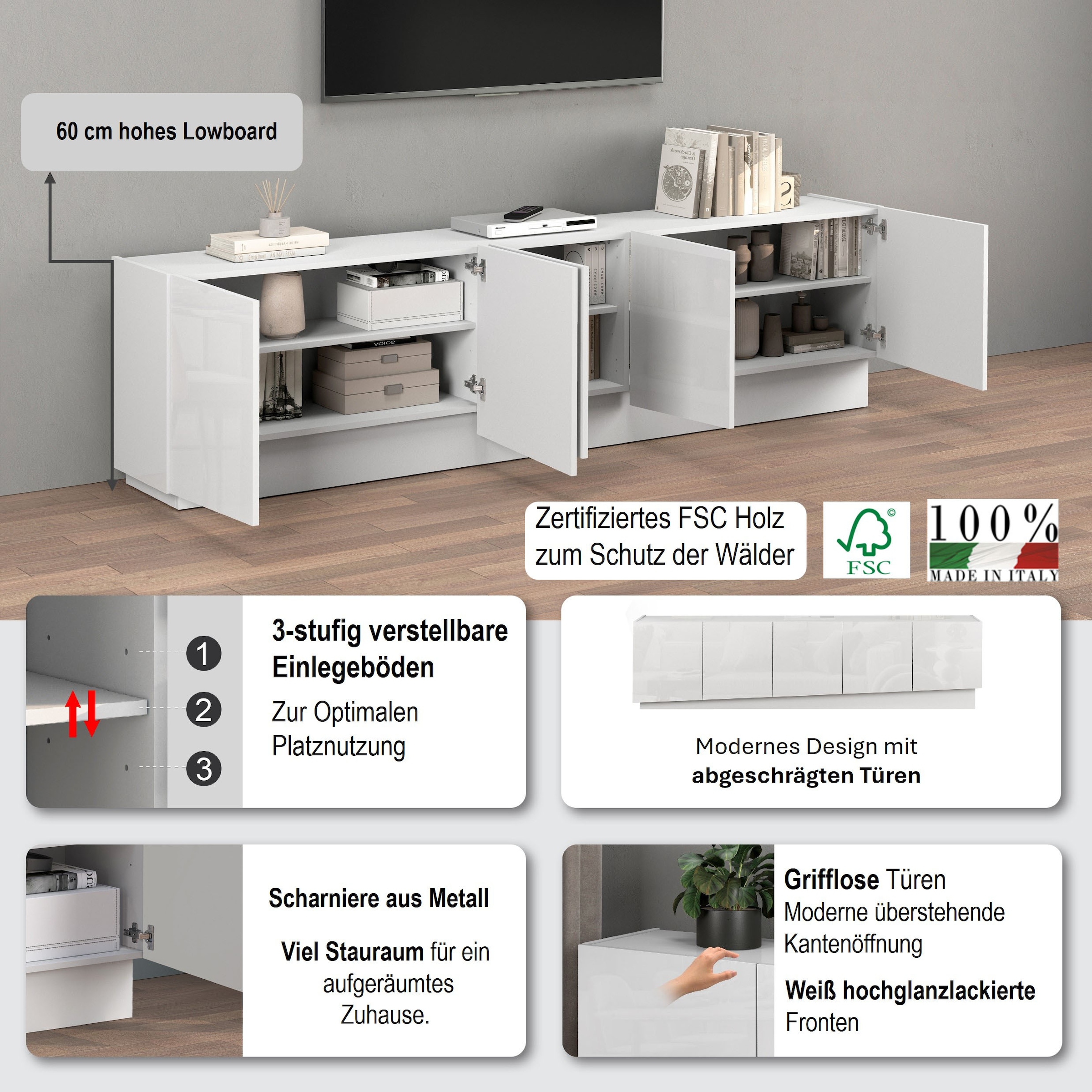 INOSIGN Lowboard »VELA, Höhe 60 cm, Breite 225 cm,Design mit schrägen Türen« 1 Stk. tlg. Made in Italy, Maße-B/T/H: 225x35x60, Lowboard, TV-Board, TV-Kommode