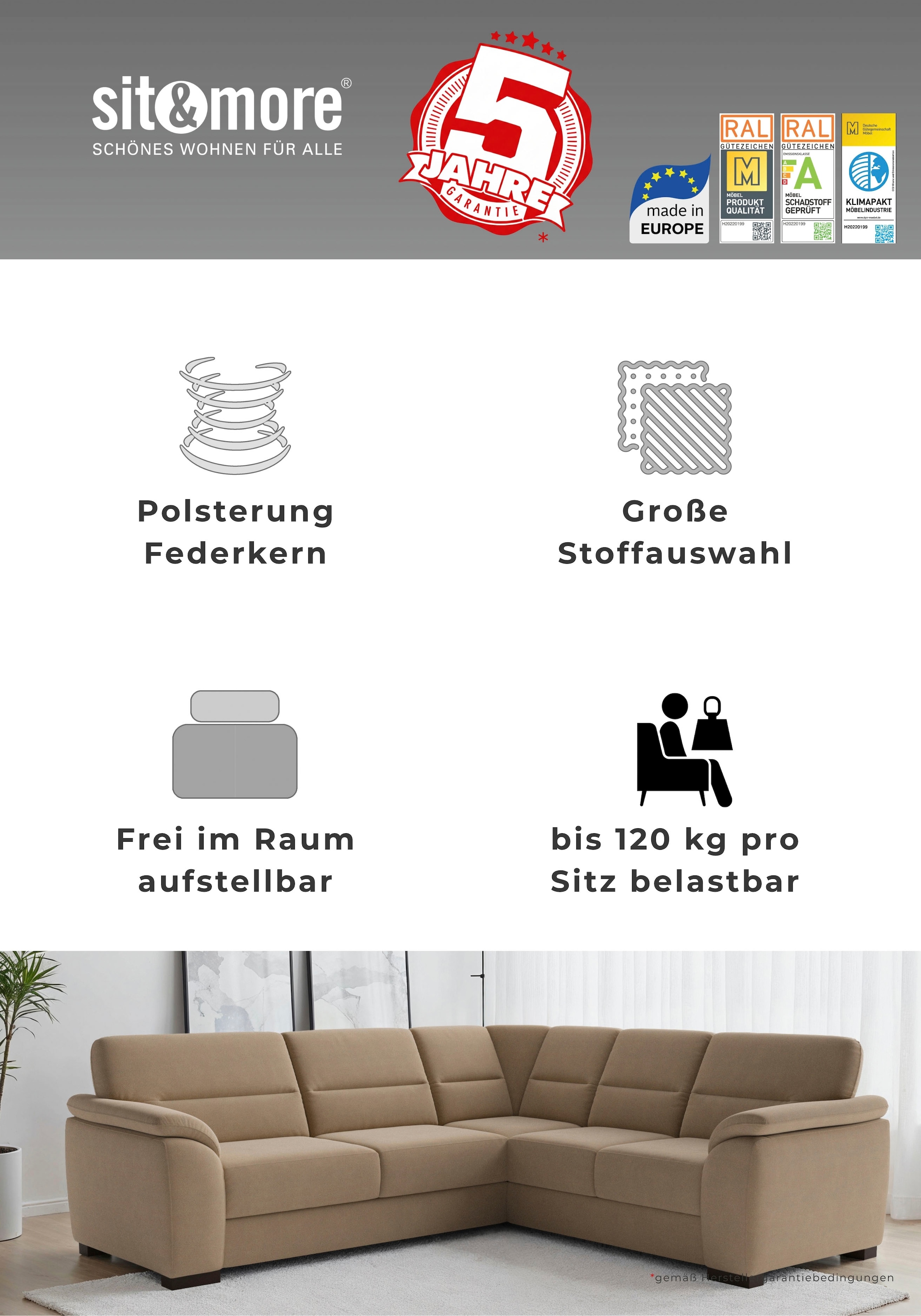 sit&more Ecksofa »Montego L-Form, B: 256 cm, große Stoffauswahl, Komfortsitzhöhe 46 cm« optional Schlaffunktion und Schubkasten mit Stauraum