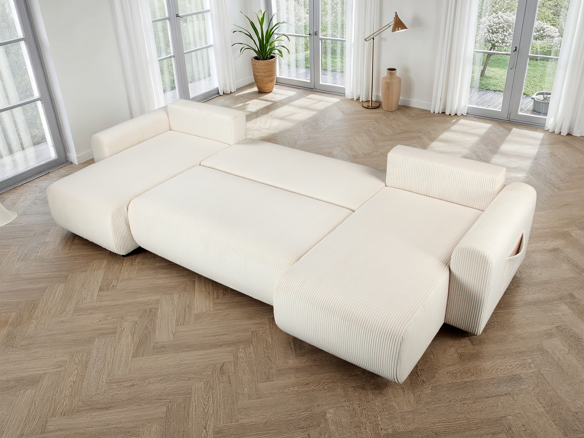 OTTO home Wohnlandschaft »JONAA, 311 cm, U-Form, Schlafsofa, Boxspringfederung, Cord u. Struktur« 133/270cm, Bettkasten, Seitentaschen, Cord und Struktur