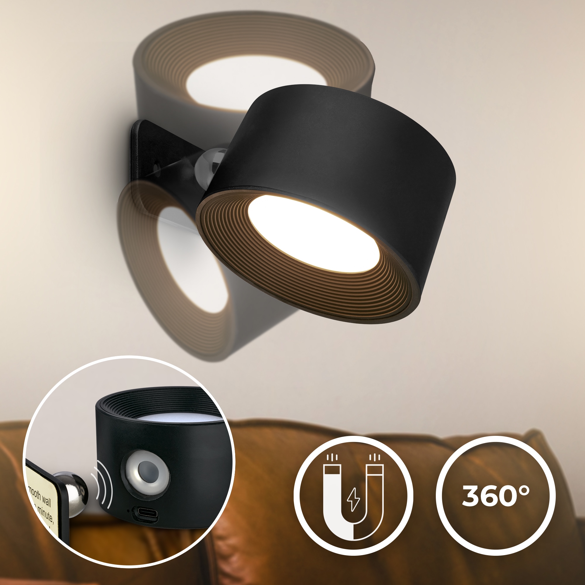 B.K.Licht LED Wandleuchte »BKL1597 Magnetische Akku Wandlampe, 3-Stufen Dimmer, mit USB-C« LED-Modul 1 Stk. Tageslichtweiß CCT-Funktion, 150Lm, 2W, 14h Leuchtdauer, 4,5 x 8 x 9,5 cm, Schwarz