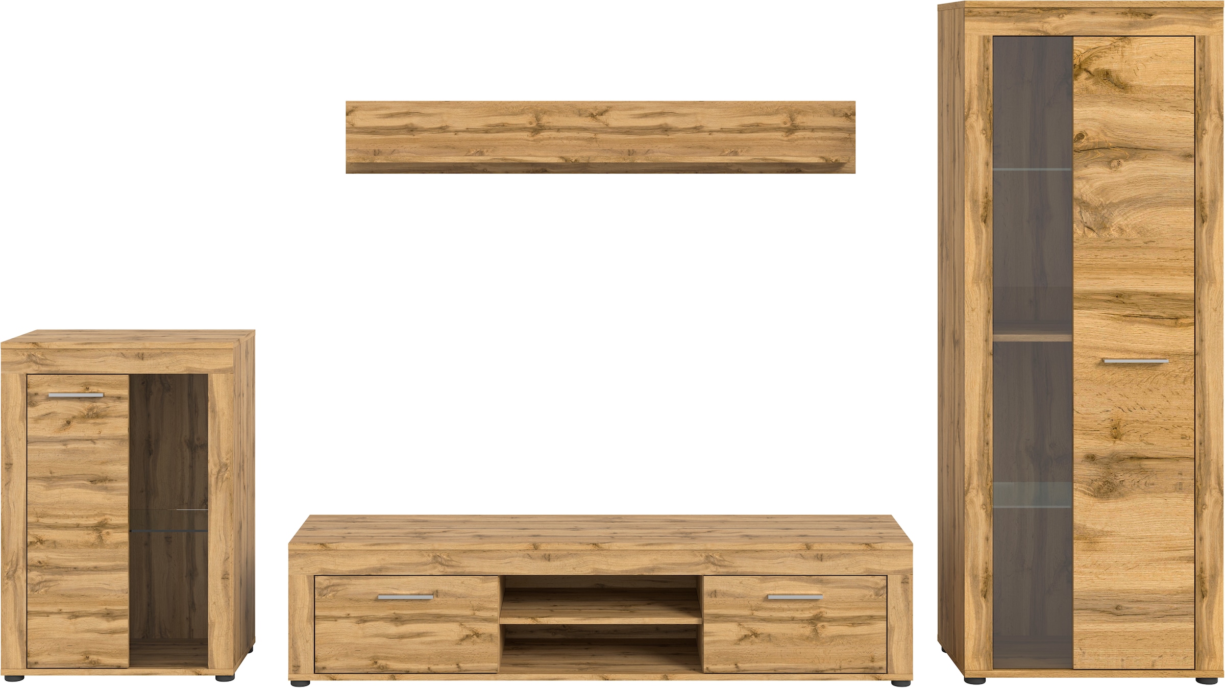 INOSIGN Wohnwand »Aosta, 4-tlg., best. aus: Vitrine, Lowboard, Wandboard & Vitrine hoch«, (4 St.), Wohnwand, Kombination, Anbauwand, Möbel Set, Schrankwand, Möbel Kombi