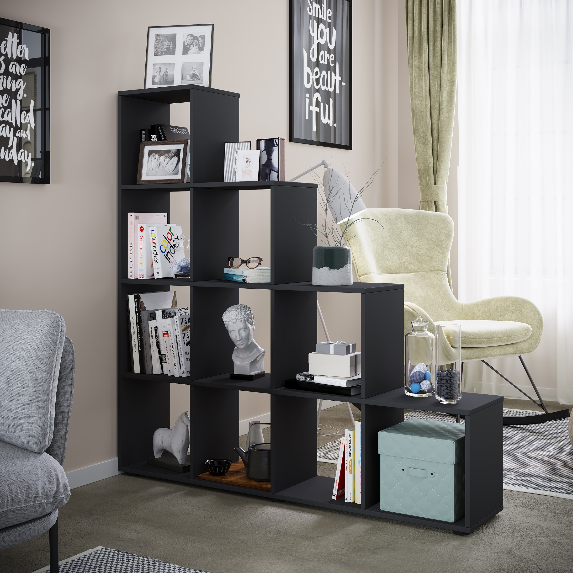 VCM Standregal »VCM Holzregal stehend | platzsparendes Regal | Maße: H. 139 x B. 143 x T. 29 cm | Elegantes Regal stehend | Aufbewahrungsregal | Bücherregal | Treppenregal - Napoli«