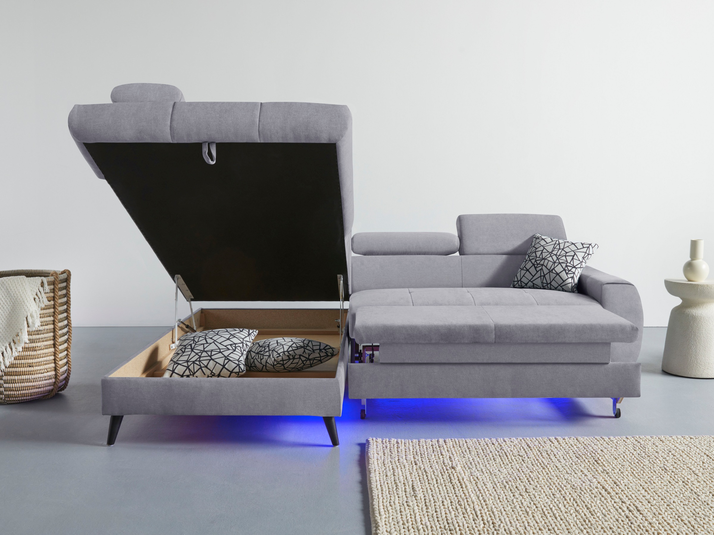 COTTA Ecksofa »Mia L-Form mit 3 Zierkissen«, wahlweise mit Bettfunktion, Bettkasten, Beleuchtung & Wireless-Charger