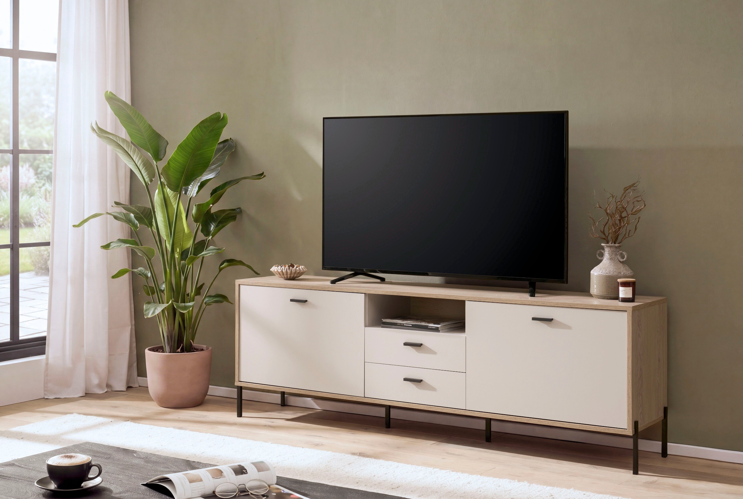 Home affaire Lowboard »Fredericia, TV-Schrank in Kaschmir, moderner TV-Unterschrank, Kommode« zeitlos, schwarze Metallgriffe und -füße, ausreichend Stauraum