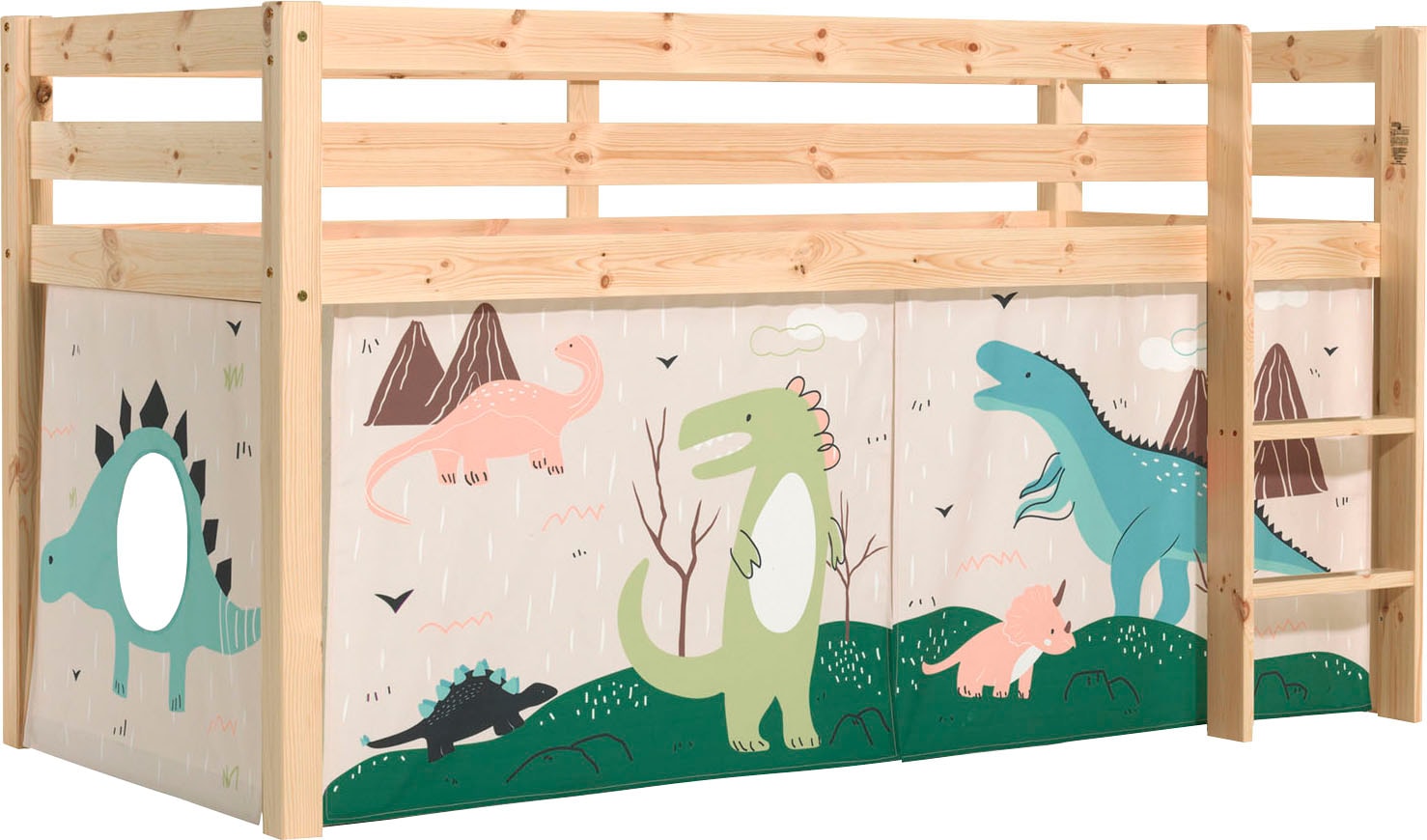 Vipack pino lit compact pin massif naturel + rideau en 4 parties dinos