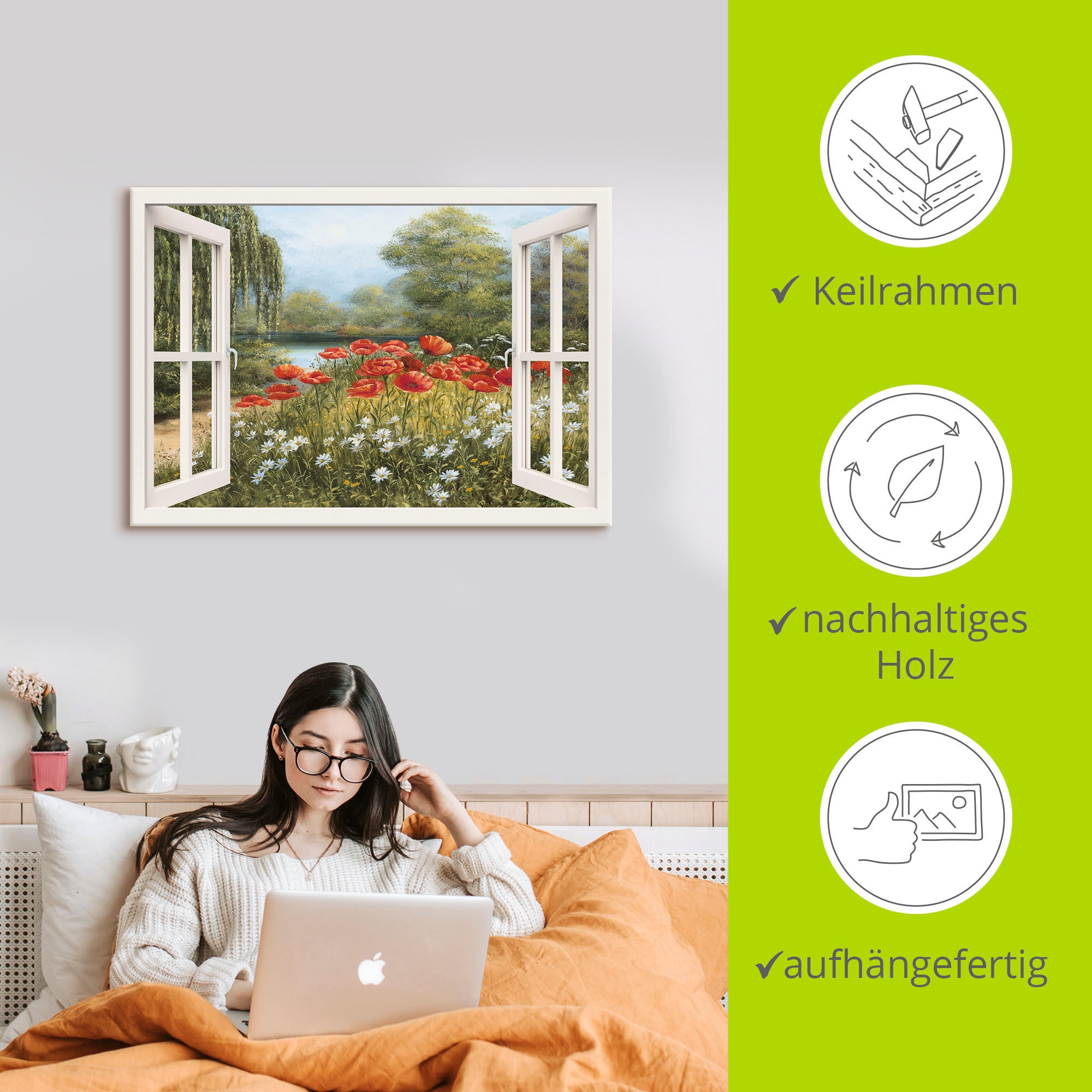 Artland Wandbild »Fensterblick Mohnwiese«, Fensterblick, (1 St.), als Leinwandbild, Poster in verschied. Größen