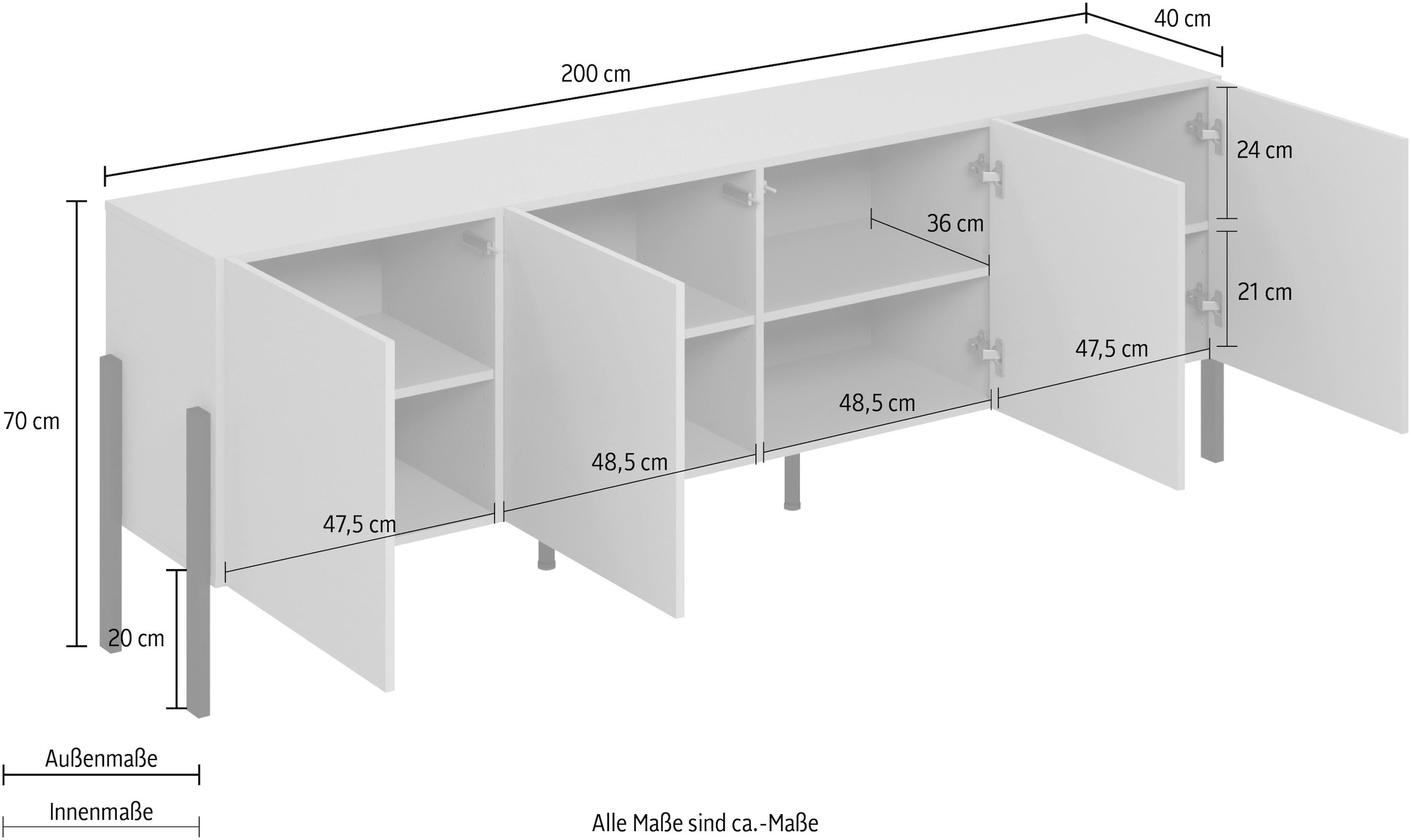 INOSIGN Kommode »Jukon,Breite 200 cm, moderne grifflose Kommode,4 Türen«, Sideboard, Anrichte viel Stauraum, push-to-open-Funktion