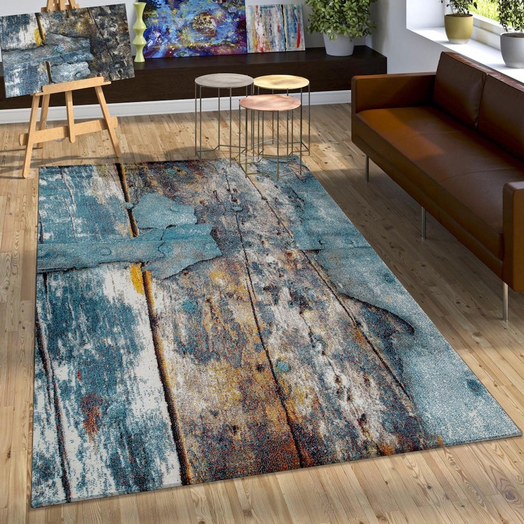 Paco Home Teppich »Natura 850«, rechteckig, 18 mm Höhe, Kurzflor mit kunstvollem Holzplatten Design, ideal im Wohnzimmer & Schlafzimmer