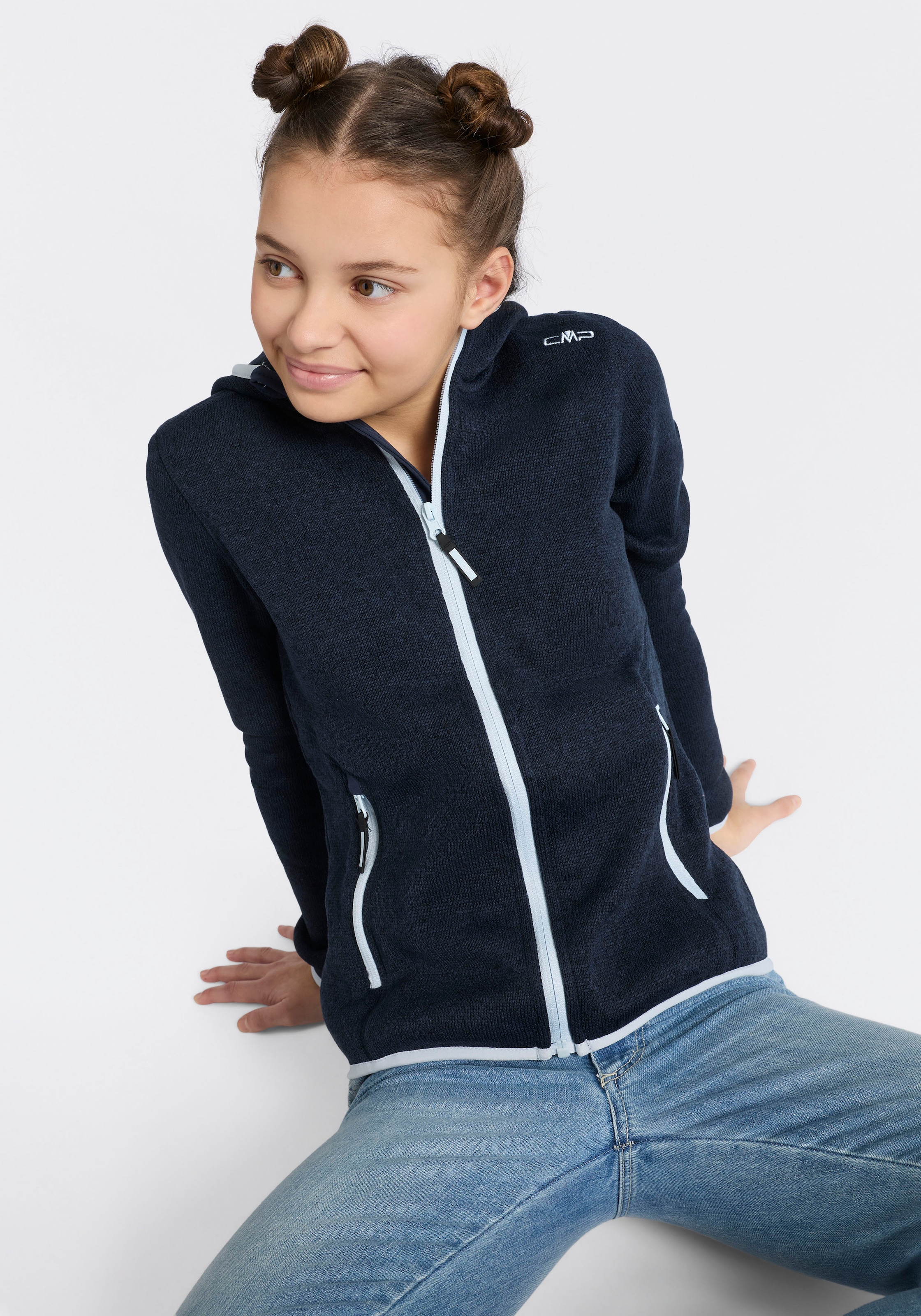 CMP Strickfleecejacke »KID G JACKET FIXED HOOD« mit Kapuze wärmende Strickfleecejacke aus Polyester, mit Kapuze und Kinnschutz