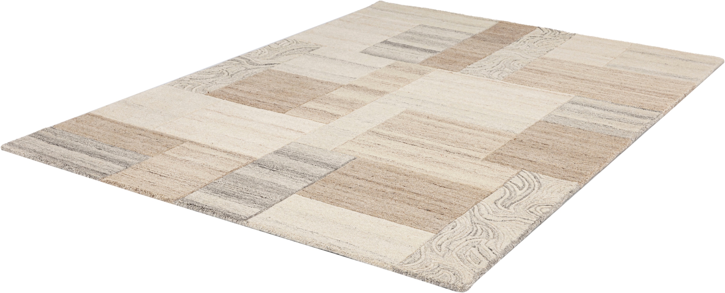 THEKO Wollteppich »Lola, Wolle, handgearbeitet, Patchwork Design, handgetuftet«, rechteckig, 12 mm Höhe, Wohnzimmer, Schlafzimmer, Esszimmer, auch als Läufer und rund