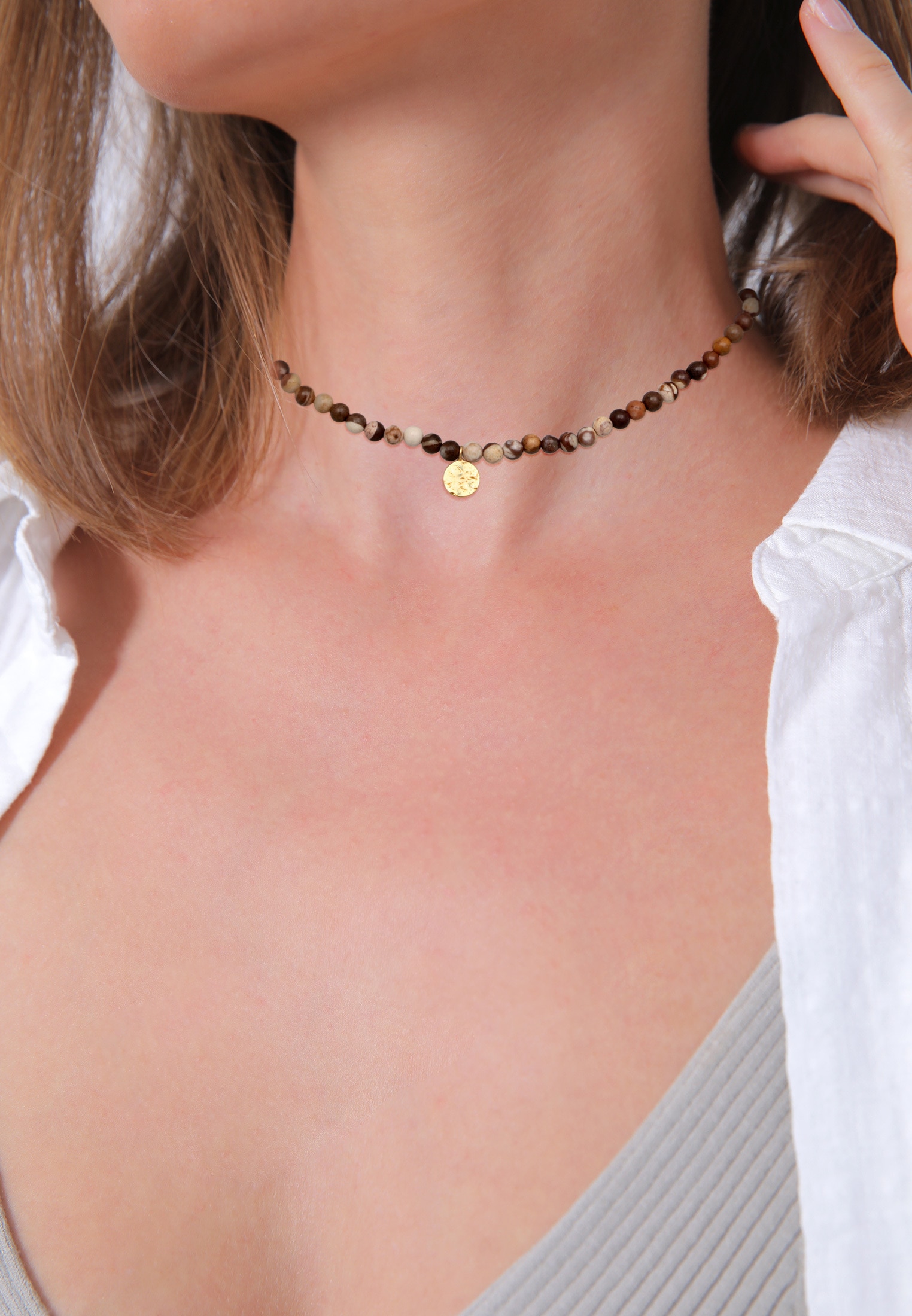 Elli Premium Silberkette »Halskette Jasper Edelstein Perlen Plättchen 925 Silber vergoldet«