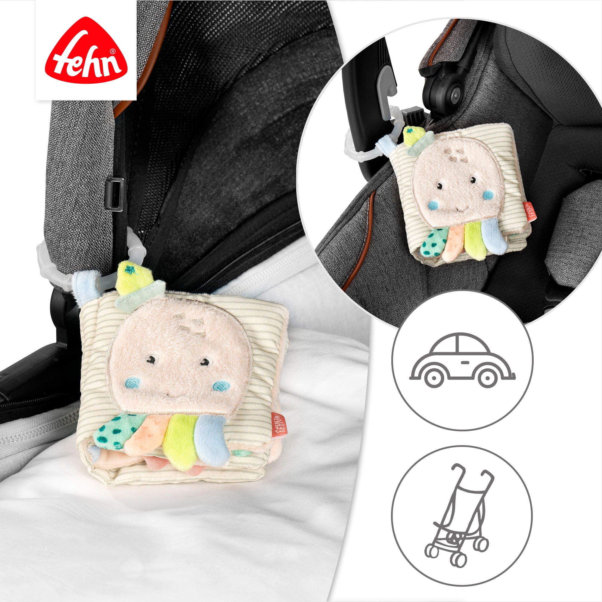 Fehn Greifspielzeug »Meereskinder, Stoffbuch Oktopus« mit Ring zur Befestigung an Kinderwagen, Babyschale oder Bett