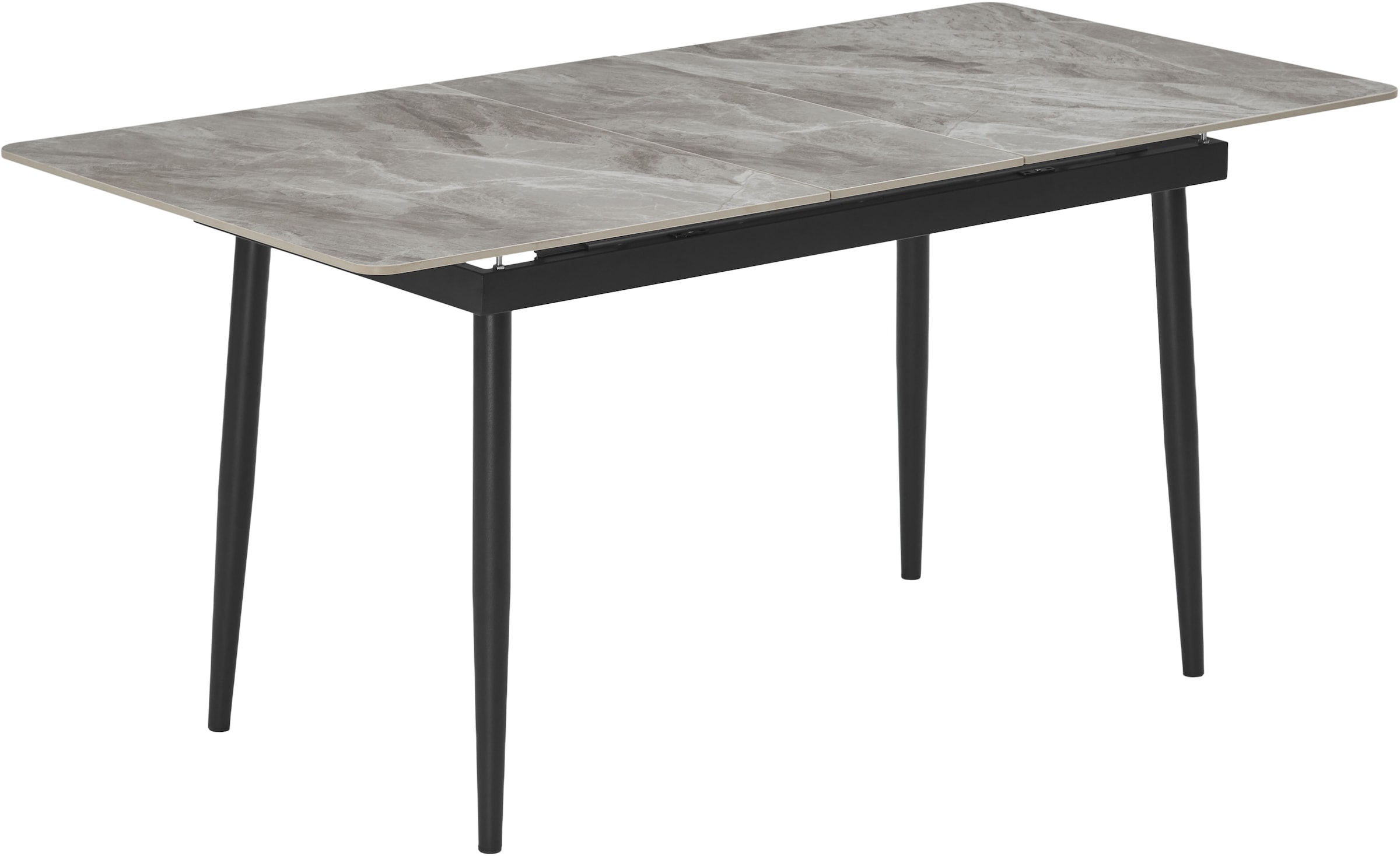 OTTO home Essgruppe »Stevian« Set, Ausziehbarer Esstisch + 4 Stühle, 5 Stk. tlg. Holz, Strukturstoffbezug, Freischwingerstühle, gesteppten Bänken