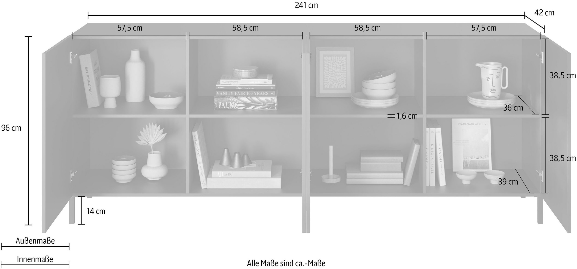 INOSIGN Sideboard »Snake, Kommode, Anrichte, Stauraummöbel Breite 241 cm, Siebdruck-Front«, moderne Wohnmöbel, 4 Türen, viel Stauraum, stilvoll und funktional