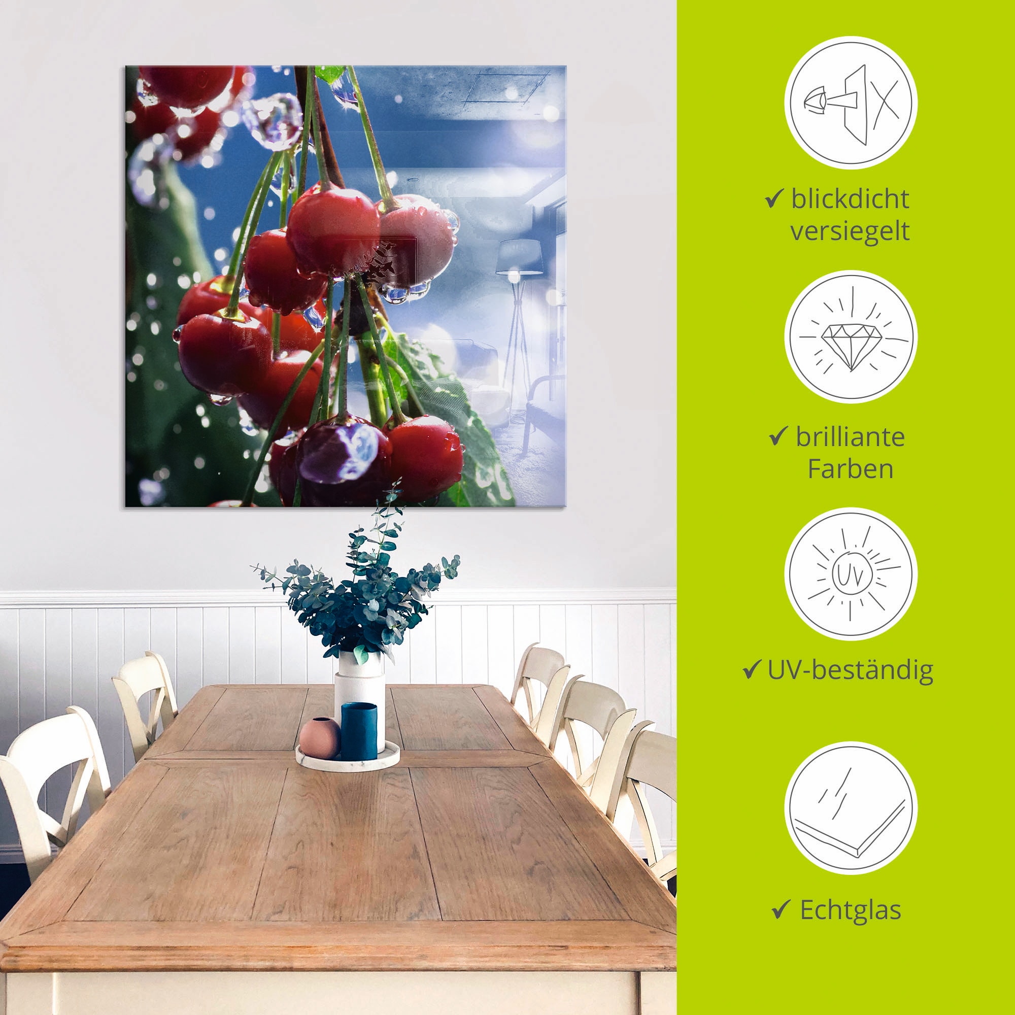Artland Glasbild »Rote Kirschen im Sommerregen« Lebensmittel 1 Stk. tlg. in verschiedenen Größen