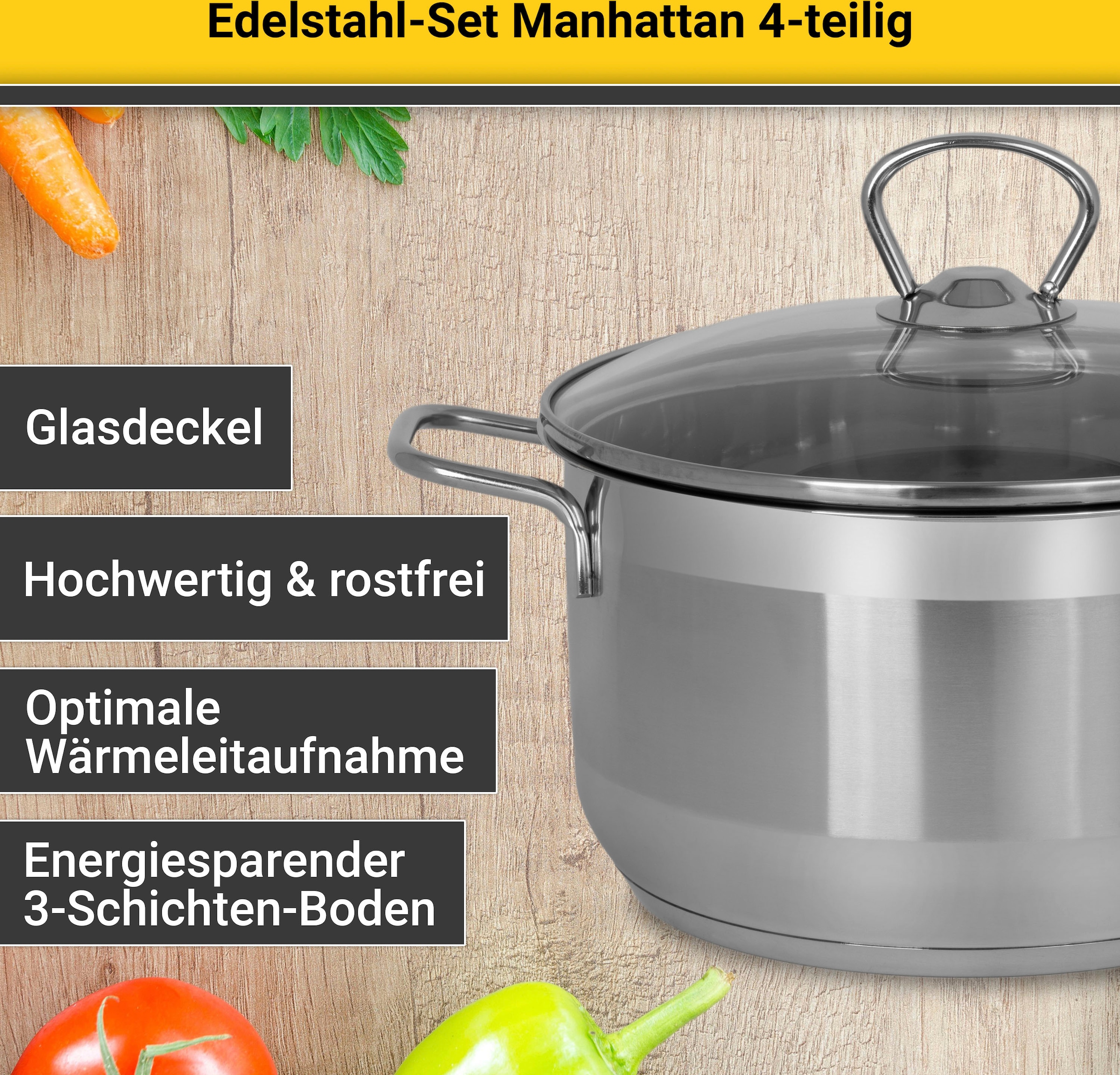Krüger Topf-Set »Manhattan«, Edelstahl, (Set, 7 tlg., Bratentopf Ø 20 cm, Fleischtopf Ø 16/20 cm, Stieltopf Ø 16 cm), für Induktions-Kochfelder geeignet