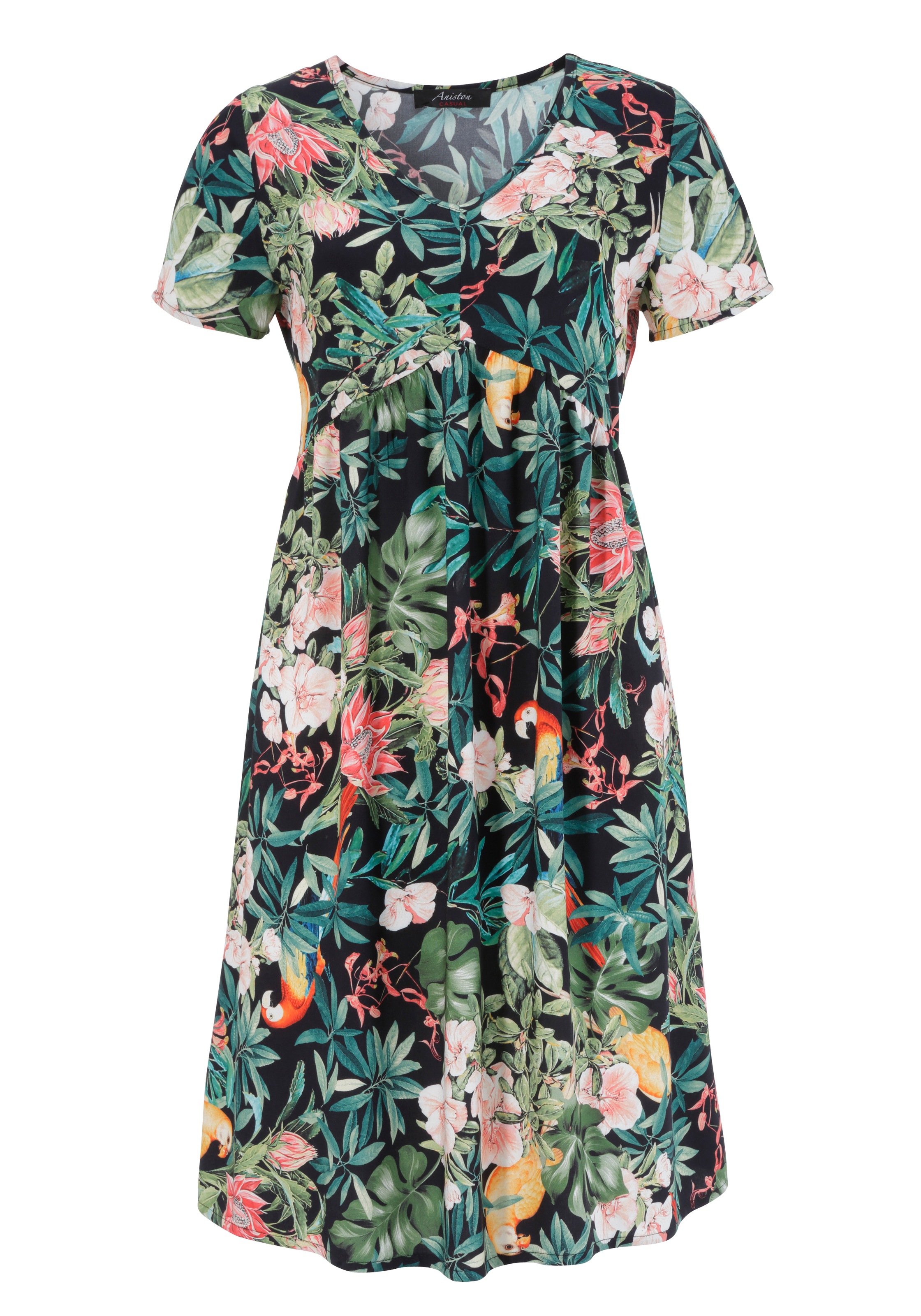 Sommerkleid, CASUAL Tropical-Print Blättern ♕ Aniston Blumen und Papageien, bei mit