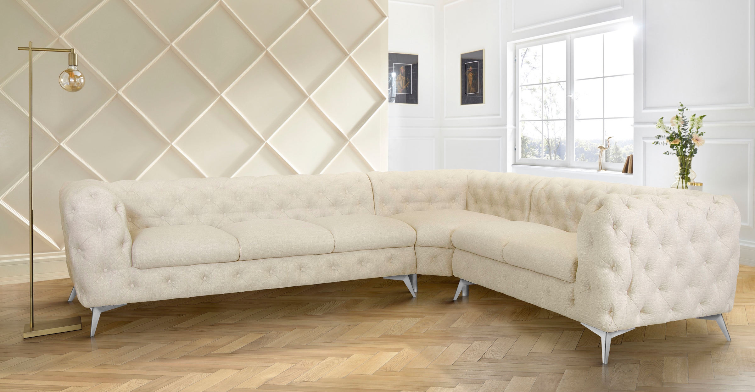 Home affaire Chesterfield-Sofa »Ecksofa GLYNIS L-Form mit Wellenunterfederung, Maße B/T/H 323/264/75cm« aufwändige Knopfheftung, moderne Chesterfield Optik, Fußfarbe wählbar