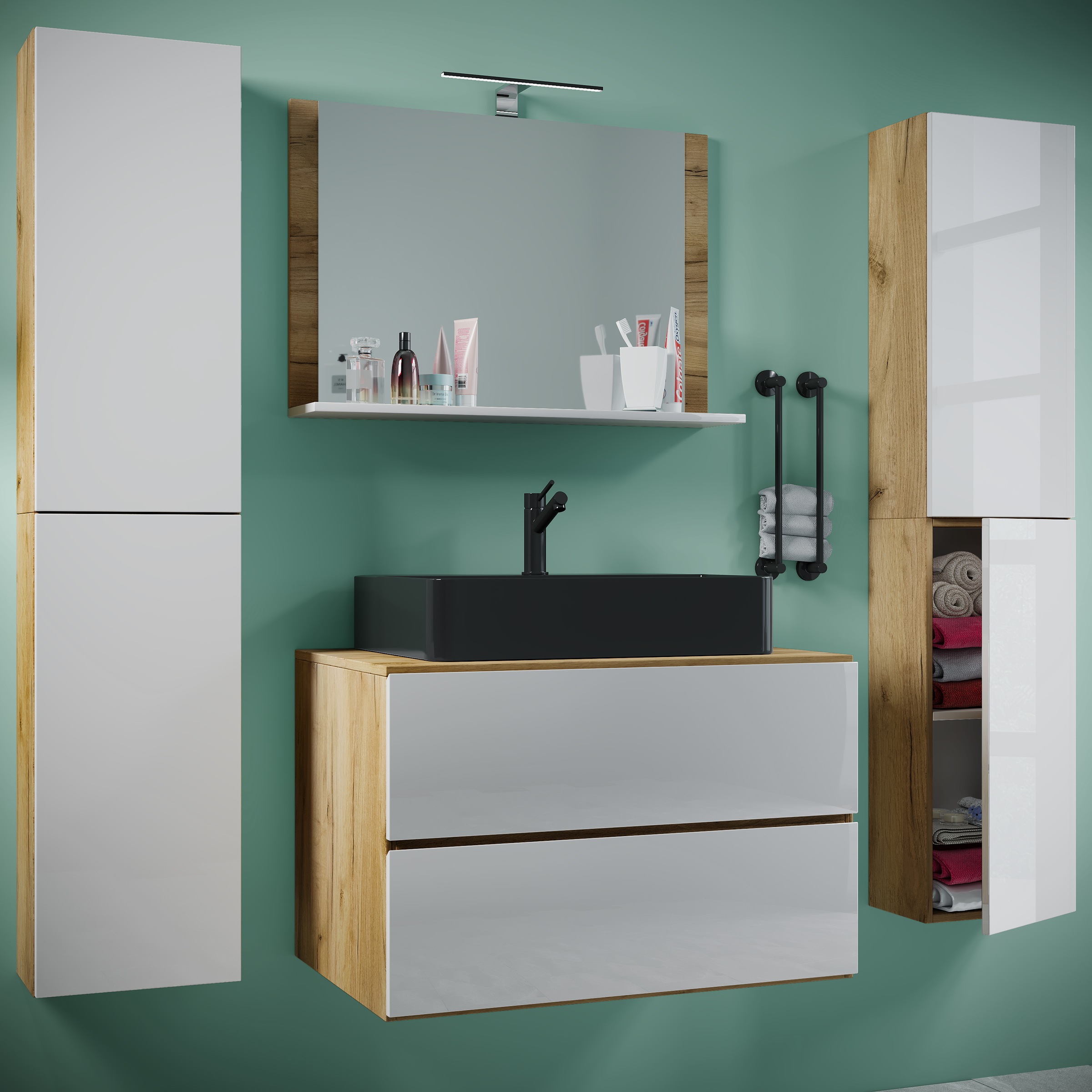 VCM Waschbeckenunterschrank »VCM 5-tlg. Waschplatz Waschtisch Badmöbel Set Waschbecken Lendas BL Breite 80 cm XL Schublade«, (5 St.)