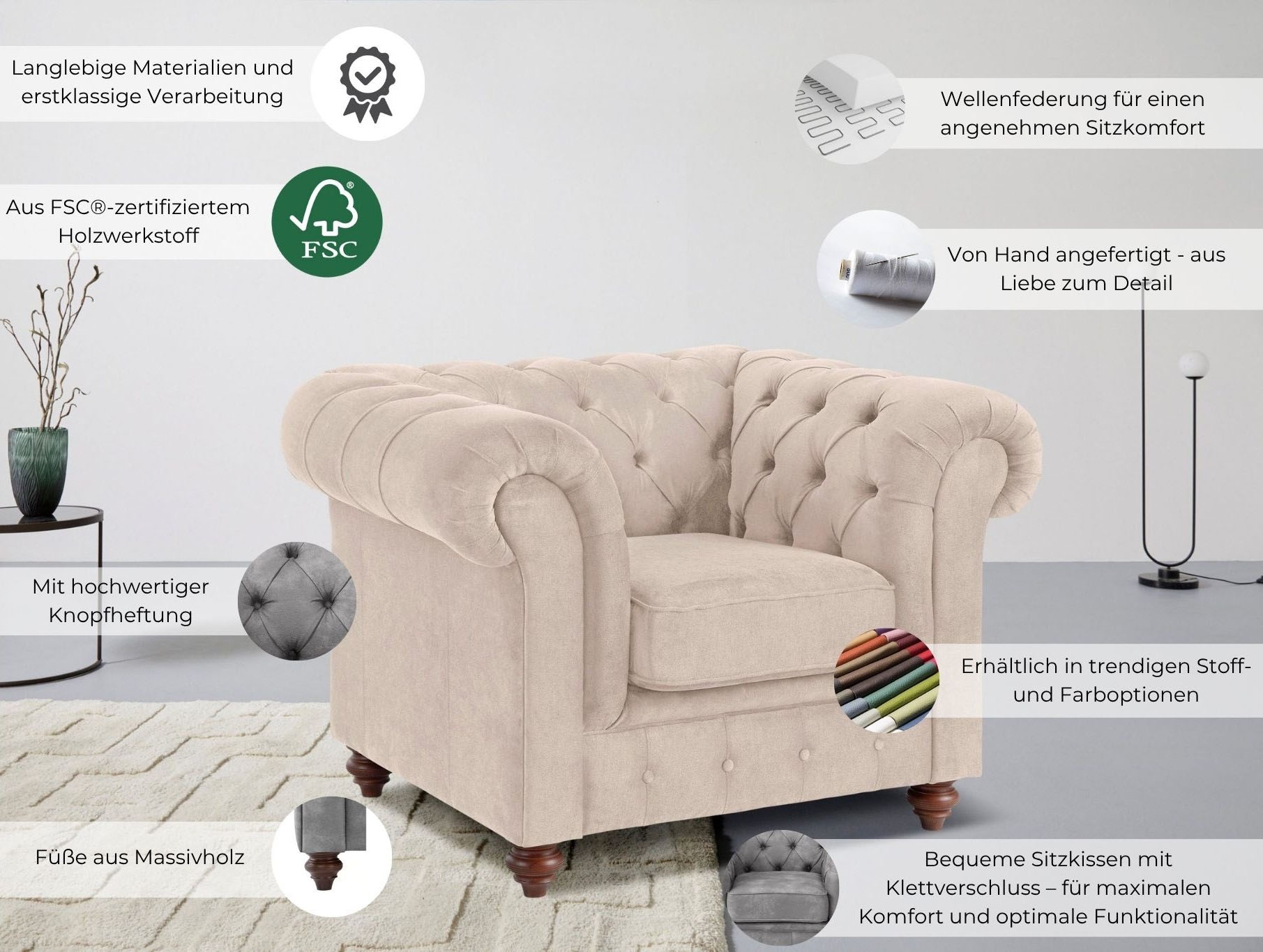 Home affaire Sessel »Chesterfield B/T/H: 105/69/74 cm«, mit hochwertiger Knopfheftung, auch in Leder