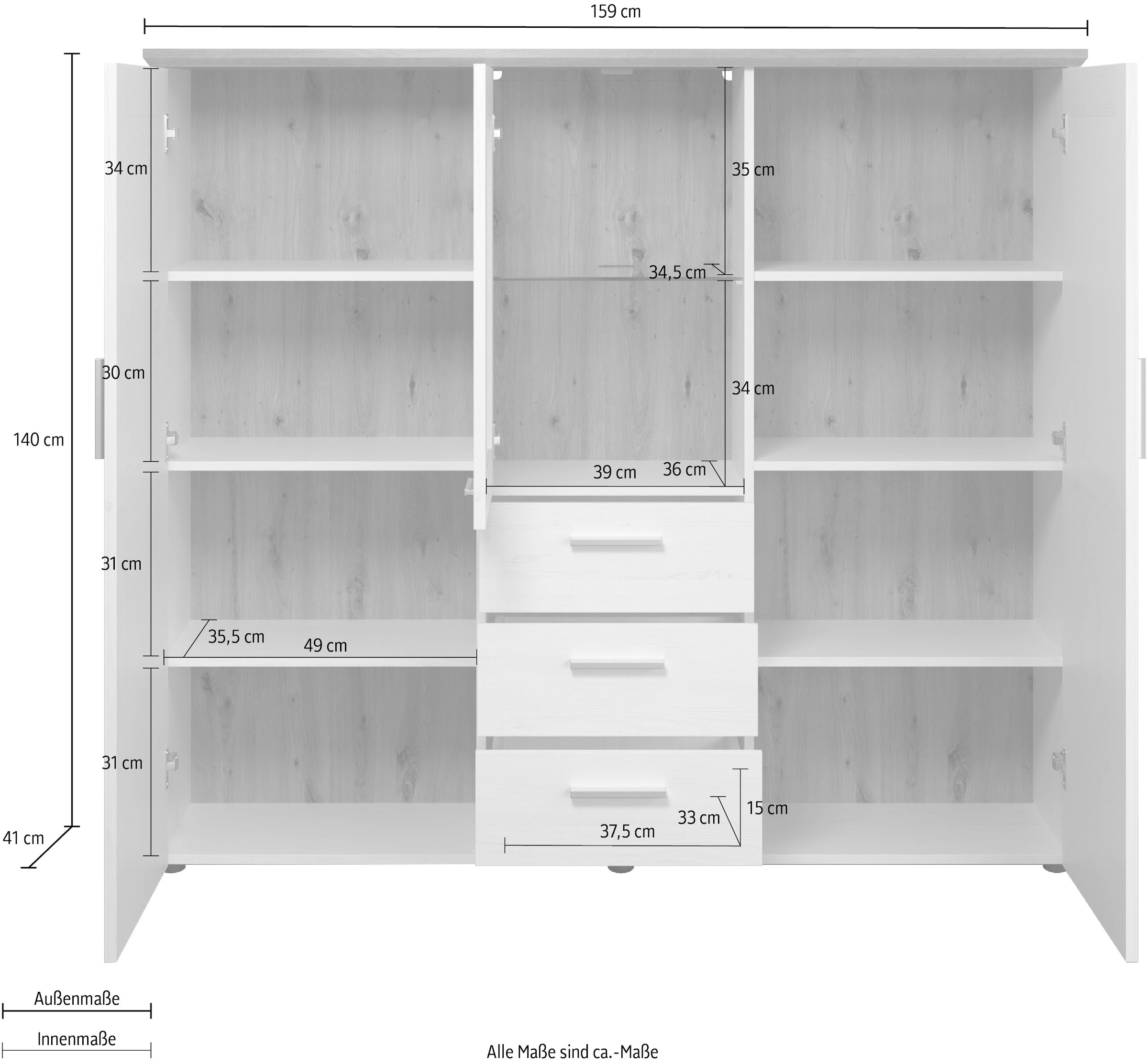Home affaire Highboard »Nybro«, Vitrine, wechselseitig montierbarer Türanschlag, Breite 159 cm