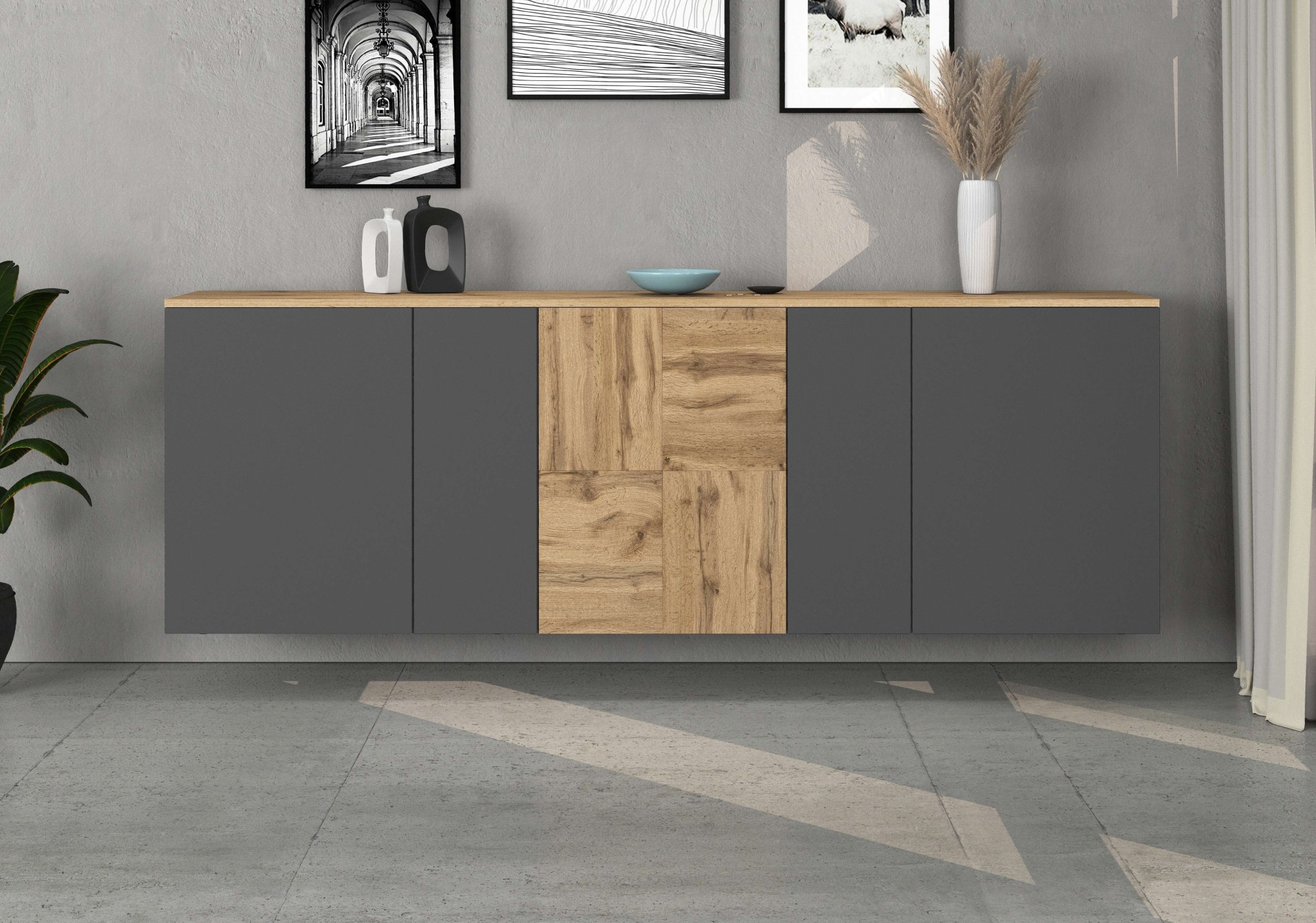 OTTO home Sideboard »ISEO, Kommode, Schrank, Sideboard, Lowboard, 6 Fächer, Breite 200 cm« 1 Stk. tlg. stehend/hängend, 5 Türen, 6 Fächer, Breite 200 cm