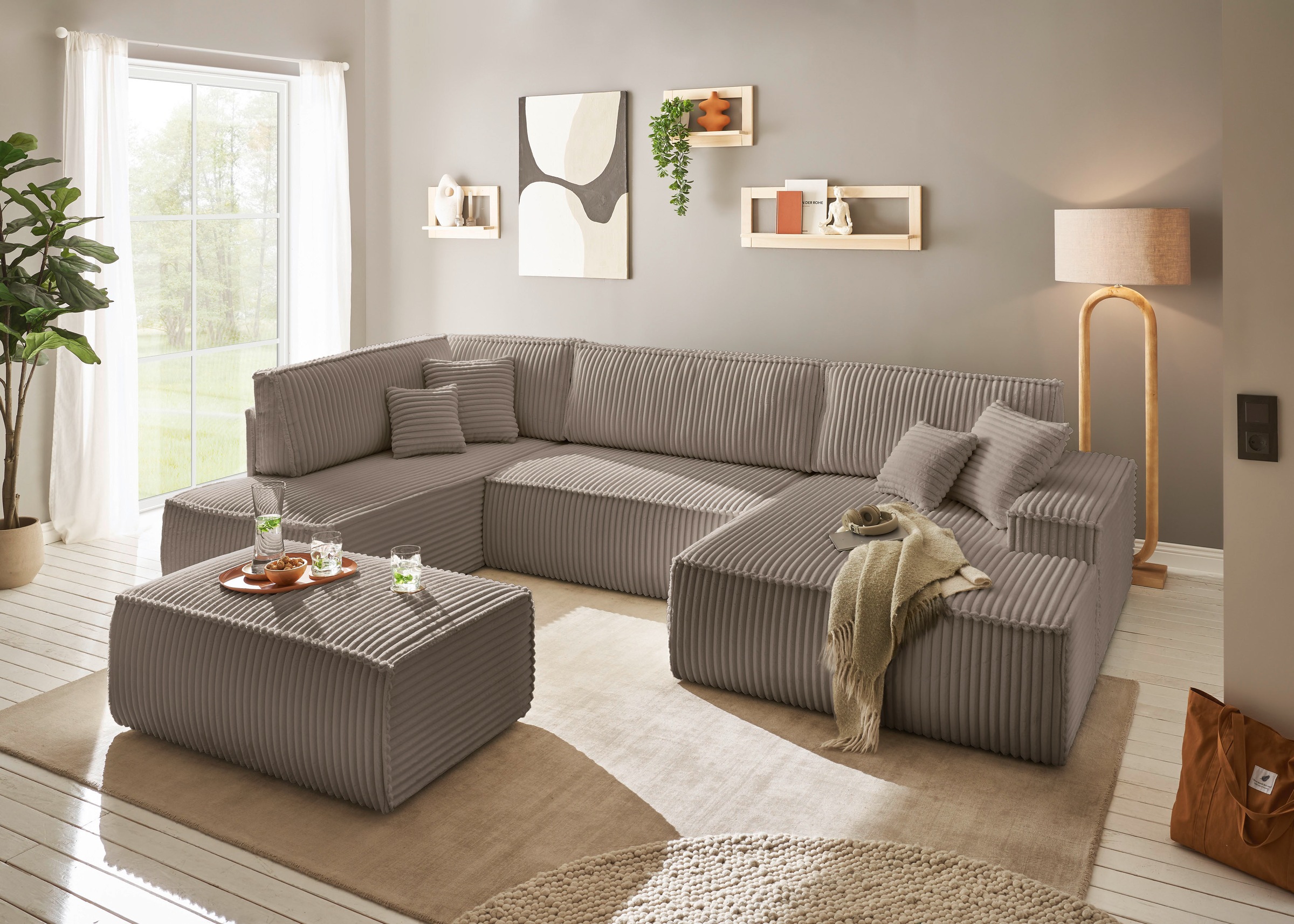 OTTO home Wohnlandschaft »FINNLEY U-Form XXL 329 cm - OTTO. Verlässliche Qualität.« Schlafsofa, Bettkasten, in Bouclé, Struktur fein und Mega Cord