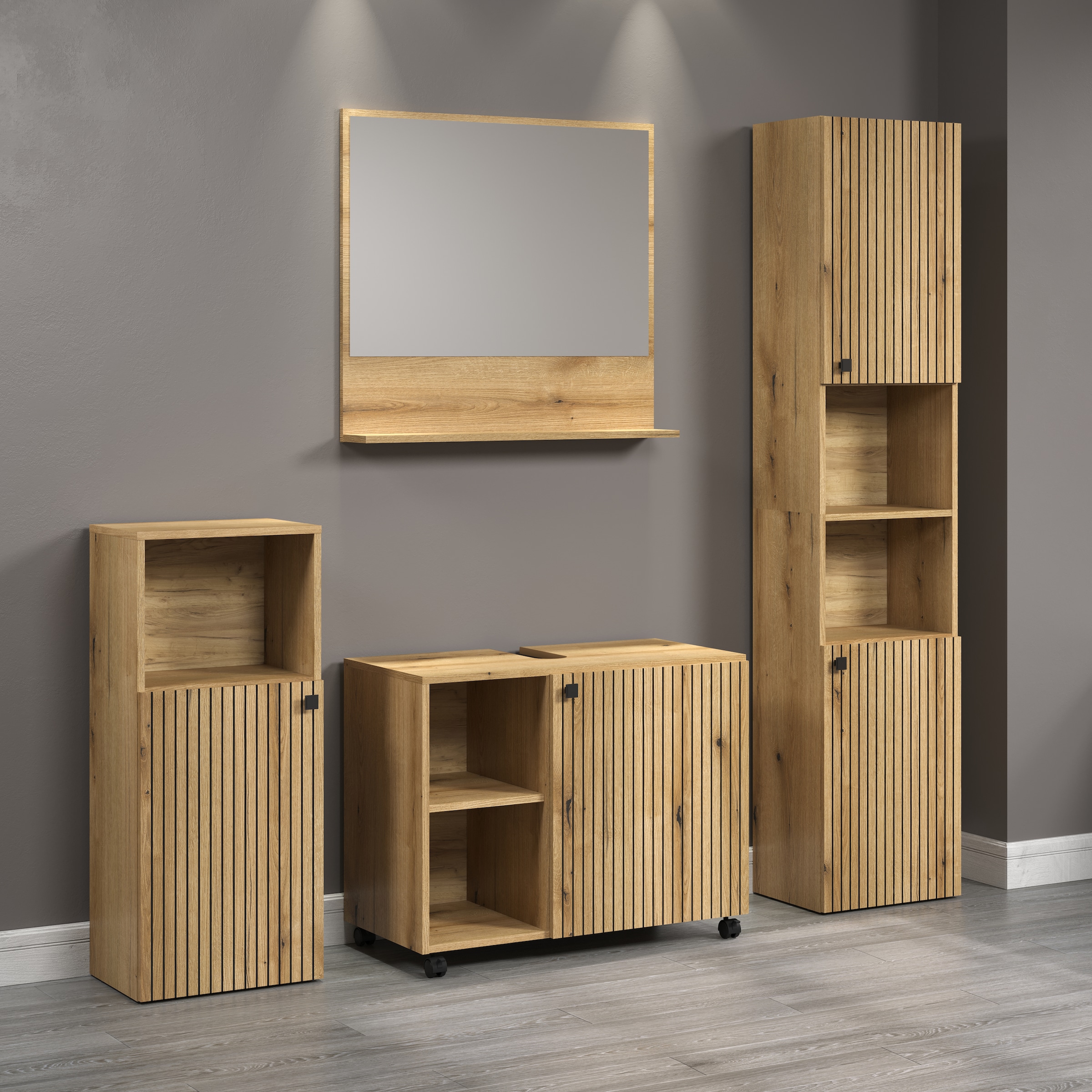 welltime Badmöbel-Set »Amrum Waschbeckenunterschrank Spiegel Hochschrank Badschrank«, (Komplett-Set, 4 St.), 4-teiliges Badmöbel-Set Eiche Rillenoptik - Maße (B/T/H) 180/42/186 cm