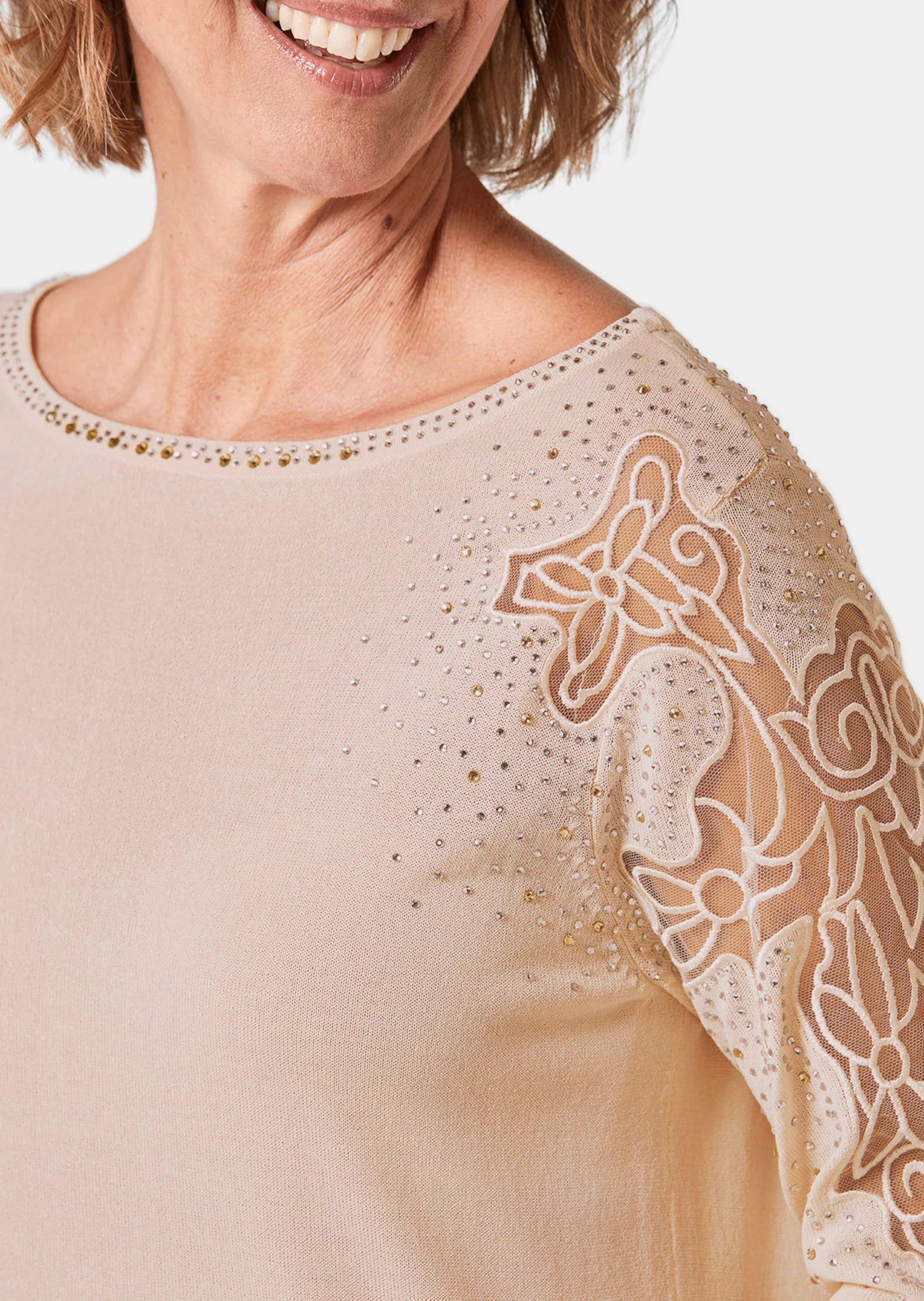 GOLDNER Rundhalspullover »Pullover mit Spitzeneinsätzen und Glanzsteinchen«
