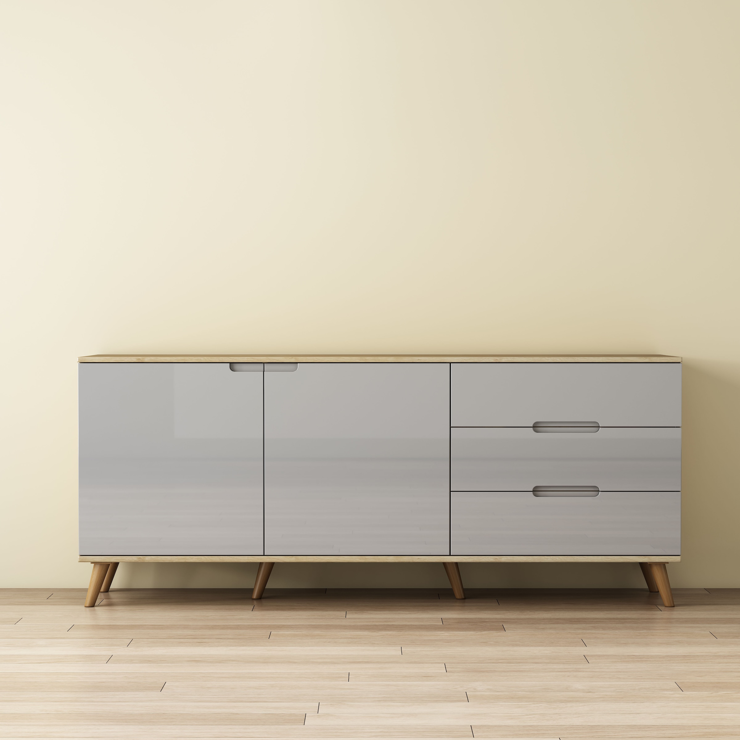 OTTO home Sideboard »Lund« mit glänzenden Fronten, Griffmulden, helles Holzdekor, Breite 180 cm