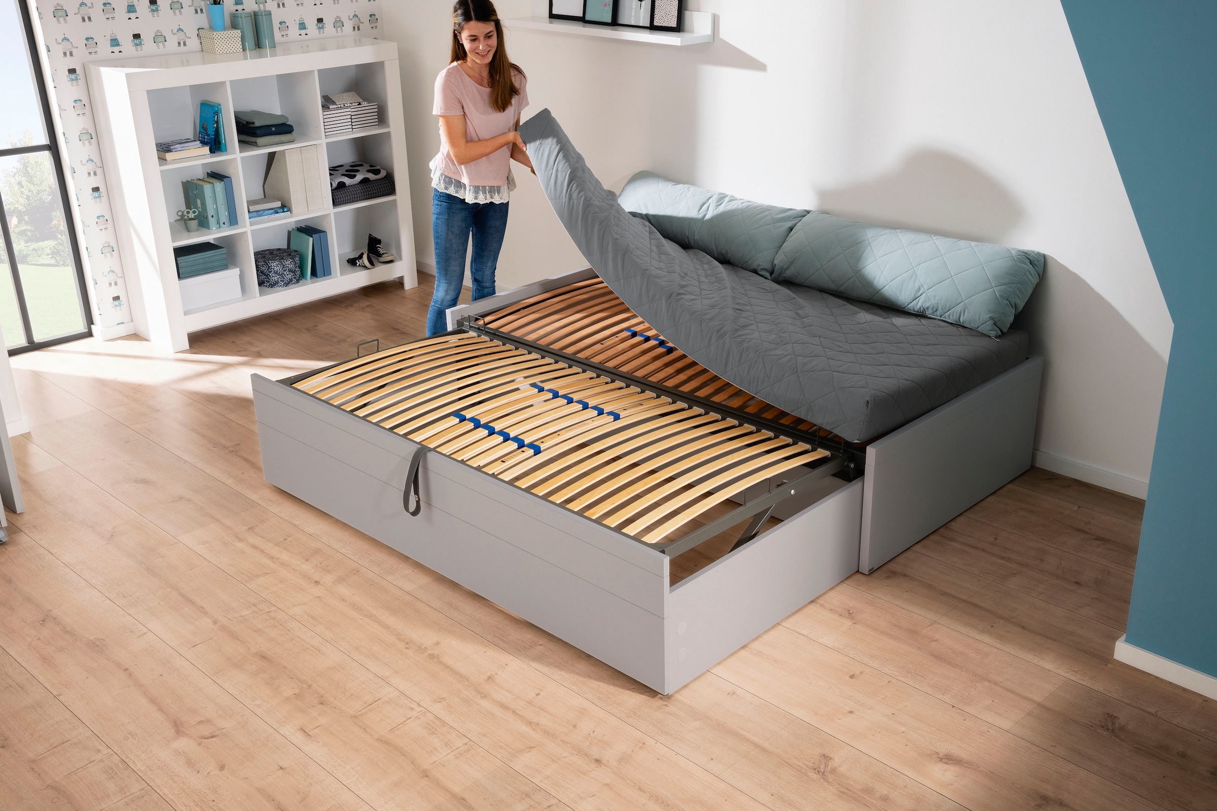 PAIDI Jugendbett »FLYNN in verschiedenen Ausführungen, Ausziehbett mit 2 Liegeflächen« Gästebett, Metallgestell inkl. Lattenroste, 2-in-1 Funktionsbett