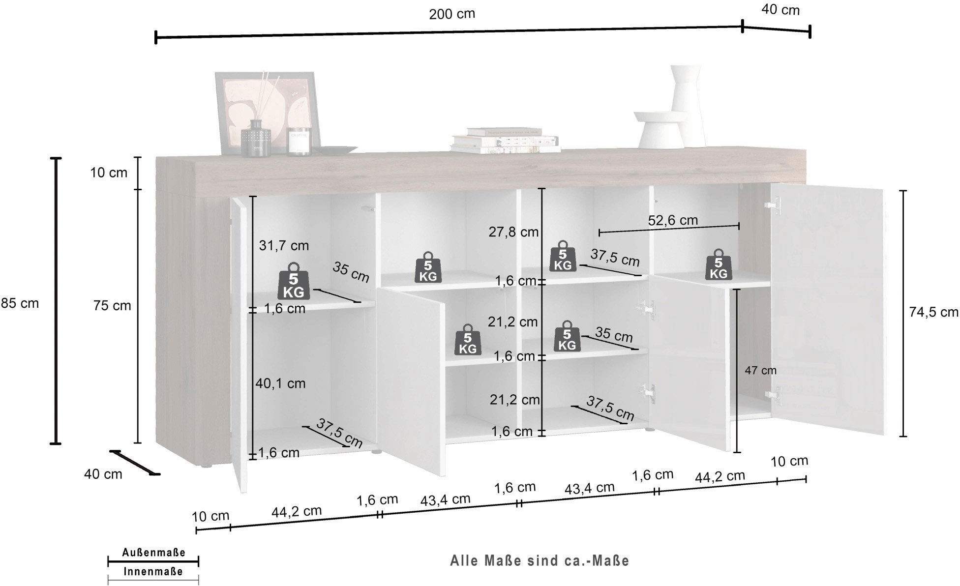 OTTO home Sideboard »CHRONOS Breite 200 cm  mit 4 Türen, 2 offene und 8 geschlossene Fächer« 1 Stk. tlg. Sideboard,Kommode, Schrank, Grifflos mit Push to Open, Made in Italy