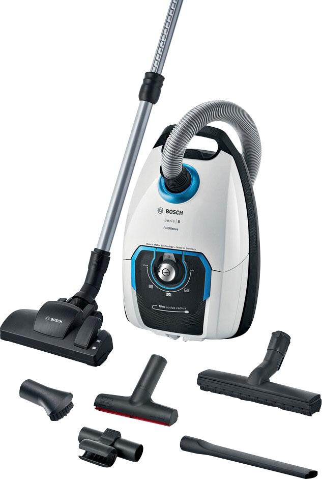 BOSCH Bodenstaubsauger »Serie 8 ProSilence BGB75XSIL, Hygiene-Filter, 10 Jahre Motorgarantie«, 650 W, mit Beutel, Hartbodendüse, XXL-Polsterdüse, langes Kabel, leise, weiß