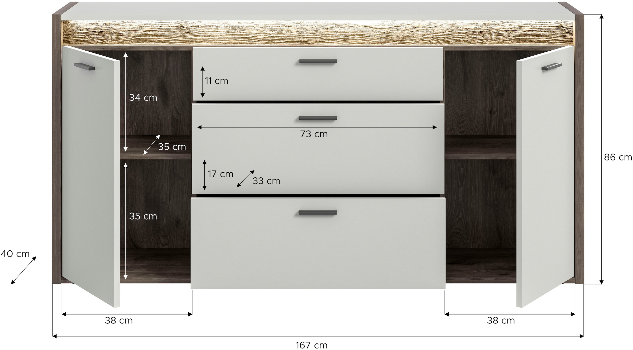 INOSIGN Sideboard »Treviso, Breite 167cm, inkl. Frontbeleuchtung, 2 Türen, 2 Einlegeböden«, 3 Schubkästen, Anrichte, Wohnzimmerschrank, Kommode