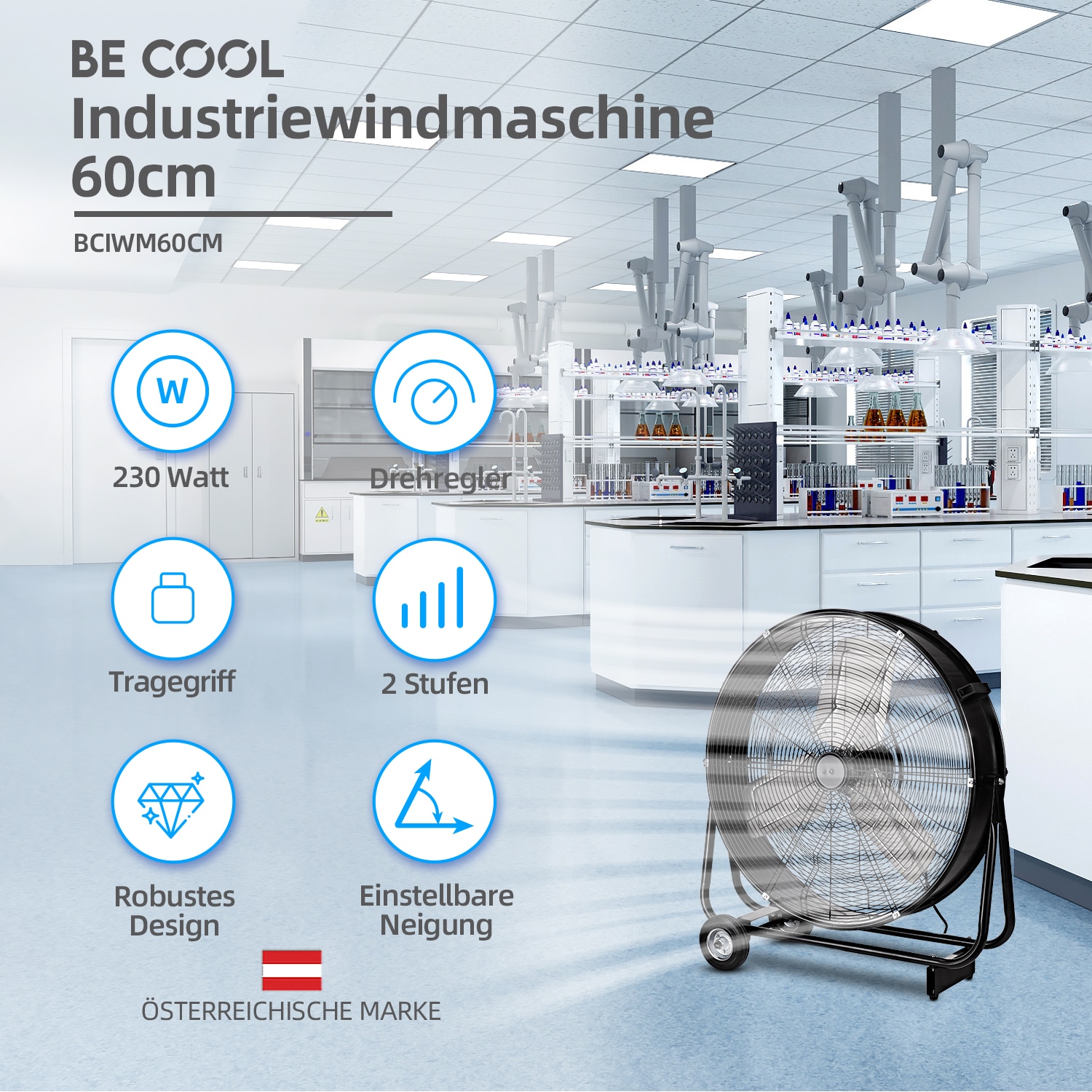 be cool Windmaschine »Industrie-Windmaschine 60cm BCIWM60CM schwarz«, fahrbarer Trommelventilator, Vollkupfermotor, Aluminium-Rotorblätter