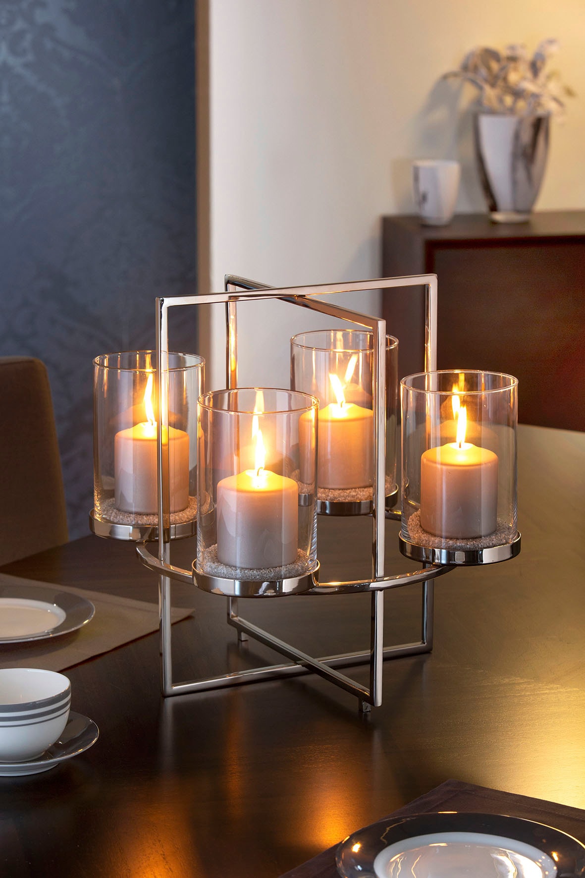 Fink Kerzenleuchter »NORMAN, Weihnachtsdeko, 4-flammig, Adventsleuchter« aus Edelstahl und Glas - Höhe 43 cm x Ø 46 cm