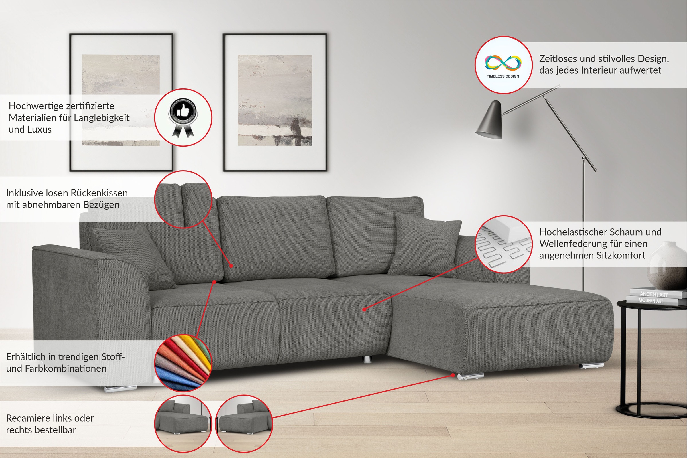 OTTO home Ecksofa »BEATRICE optionale Schlafsofa mit Bettkasten, B/T/H: 265/170/86 cm« L-Form, wahlweise auch mit Bettfunktion und Bettkasten