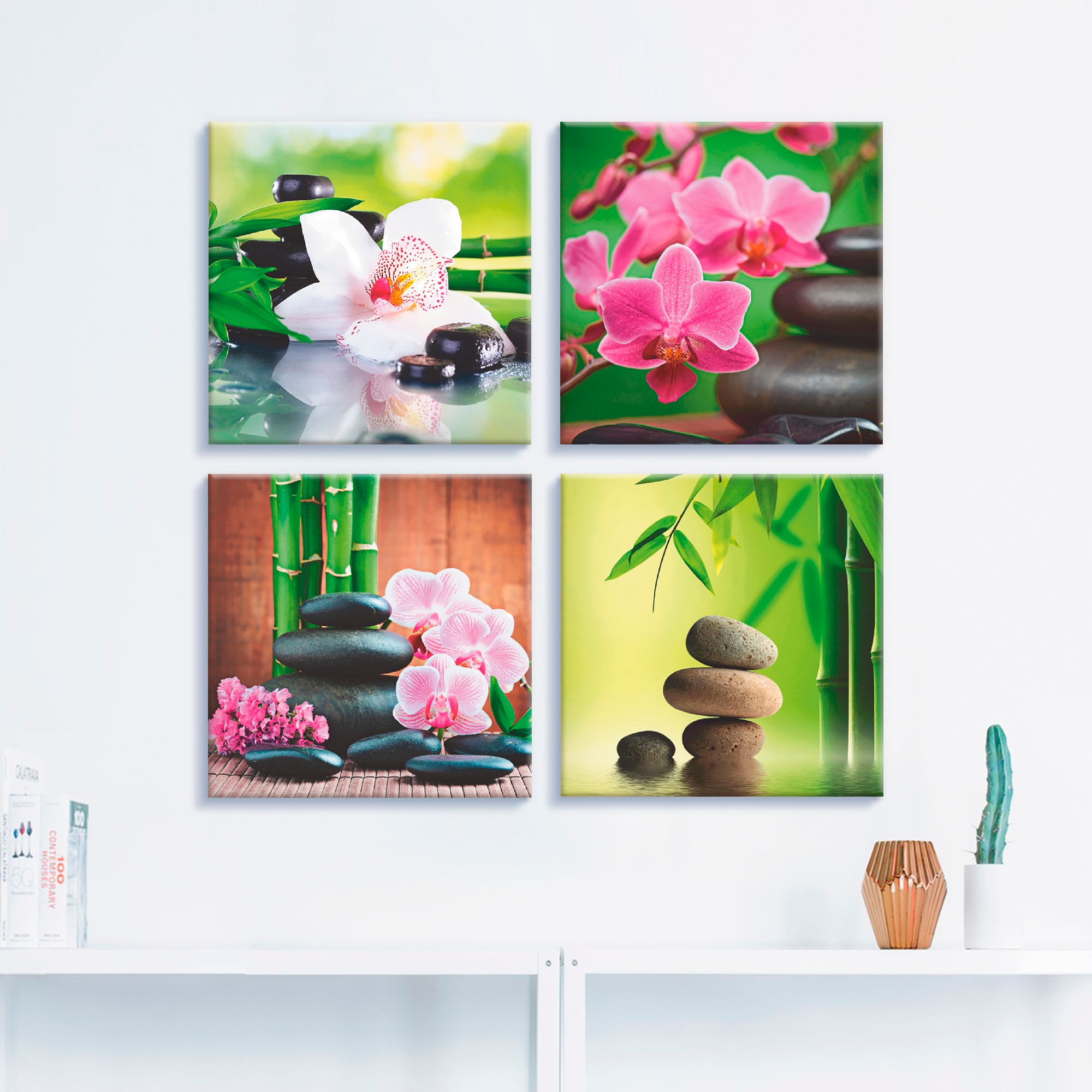 Artland Leinwandbild »Spa Bambus Zweige Zen Steine«, Zen, (4 St.), 4er Set, verschiedene Größen