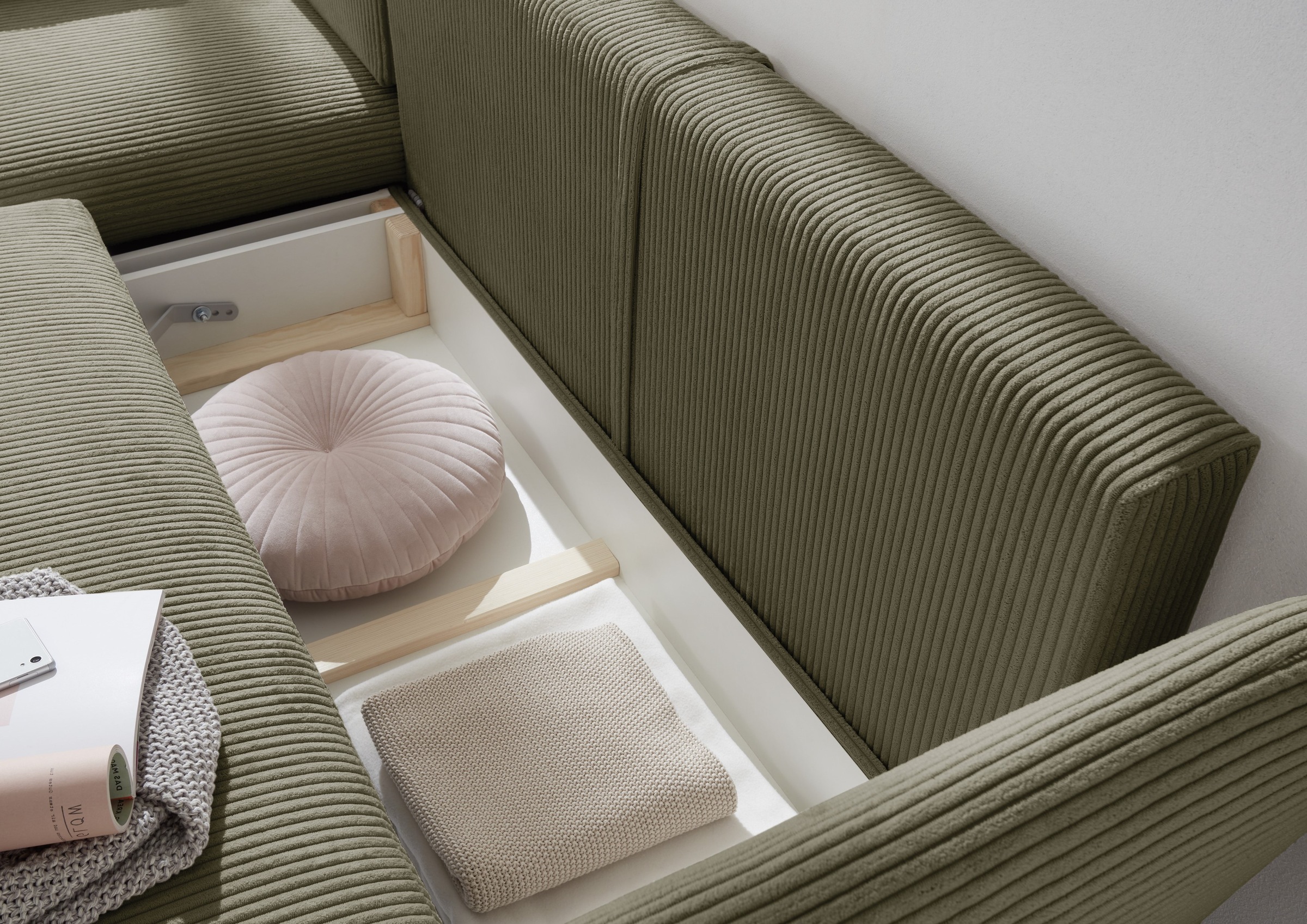 andas Ecksofa »MERLE, 258 cm, L-Form, traumhafter Cord,«, mit Bettfunktion und Bettkasten, Liegefläche 224 x 139