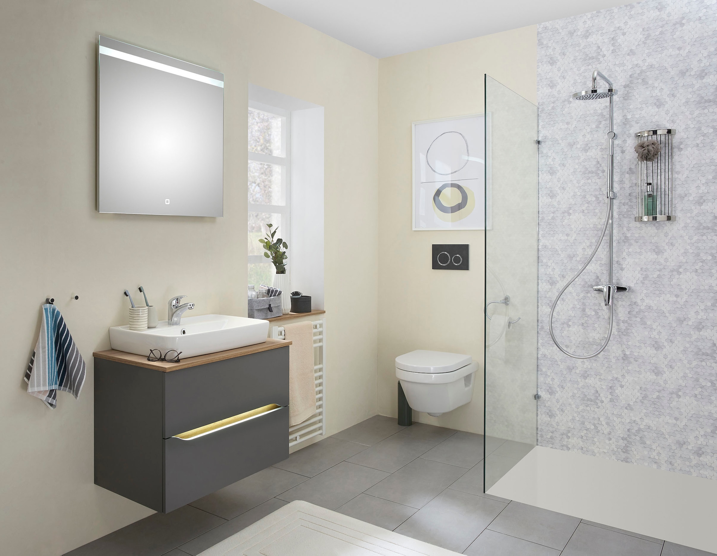 Saphir Badmöbel-Set »Quickset 2-teilig, Keramik-Aufsatzbecken mit LED-Spiegel« 5 Stk. tlg.