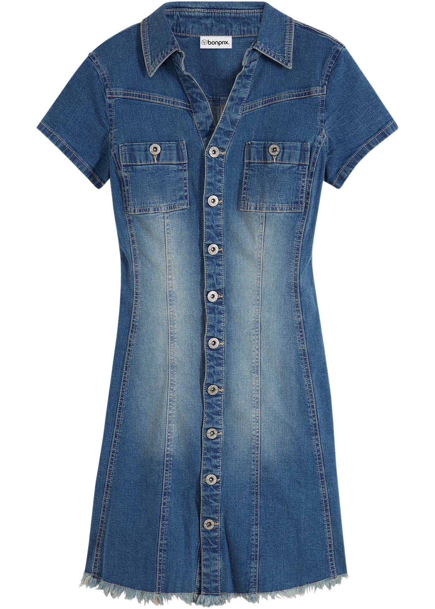 bonprix Jeanskleid A-Linien-Schnitt, kurzer Arm, tailliertes Design, mit Brusttaschen