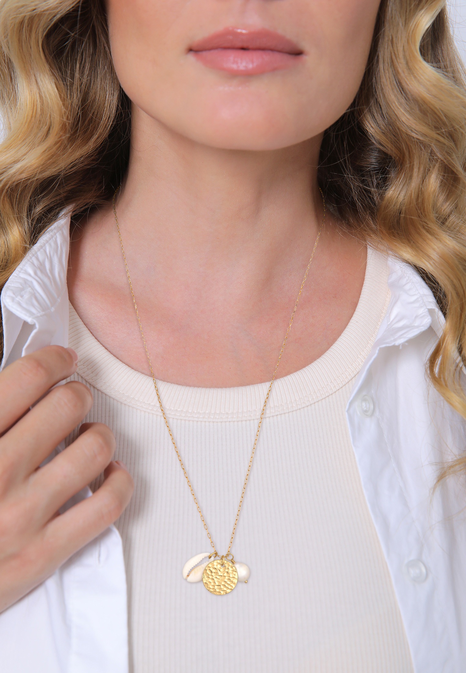 Elli Premium Lange Kette »Halskette Kauri Muschel Plättchen Süßwasserperle 925 Silber«